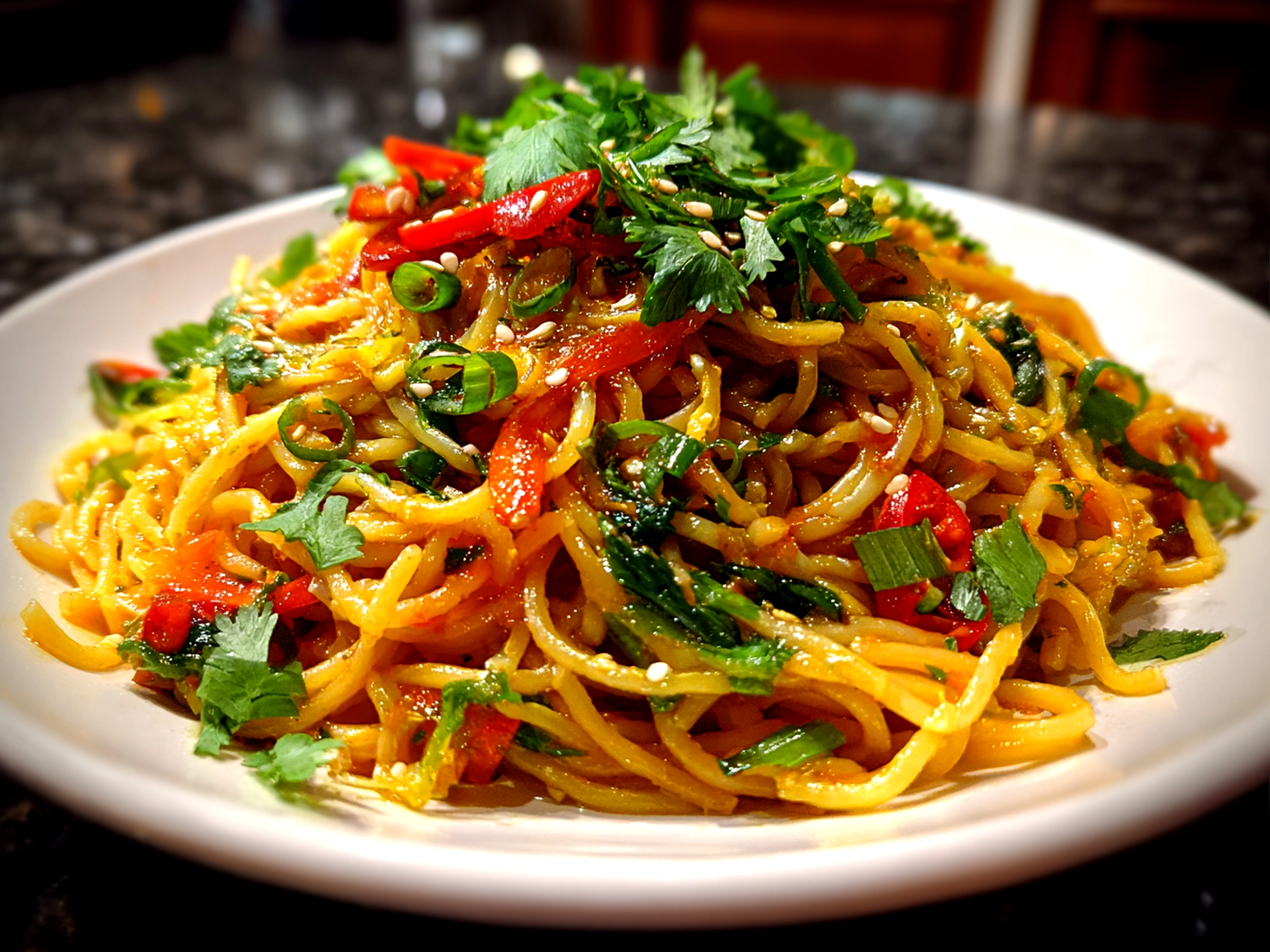 Freshly prepared cold sesame noodles plated on white dish