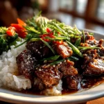 Freshly prepared crispy Peking beef bowl served on a white plate