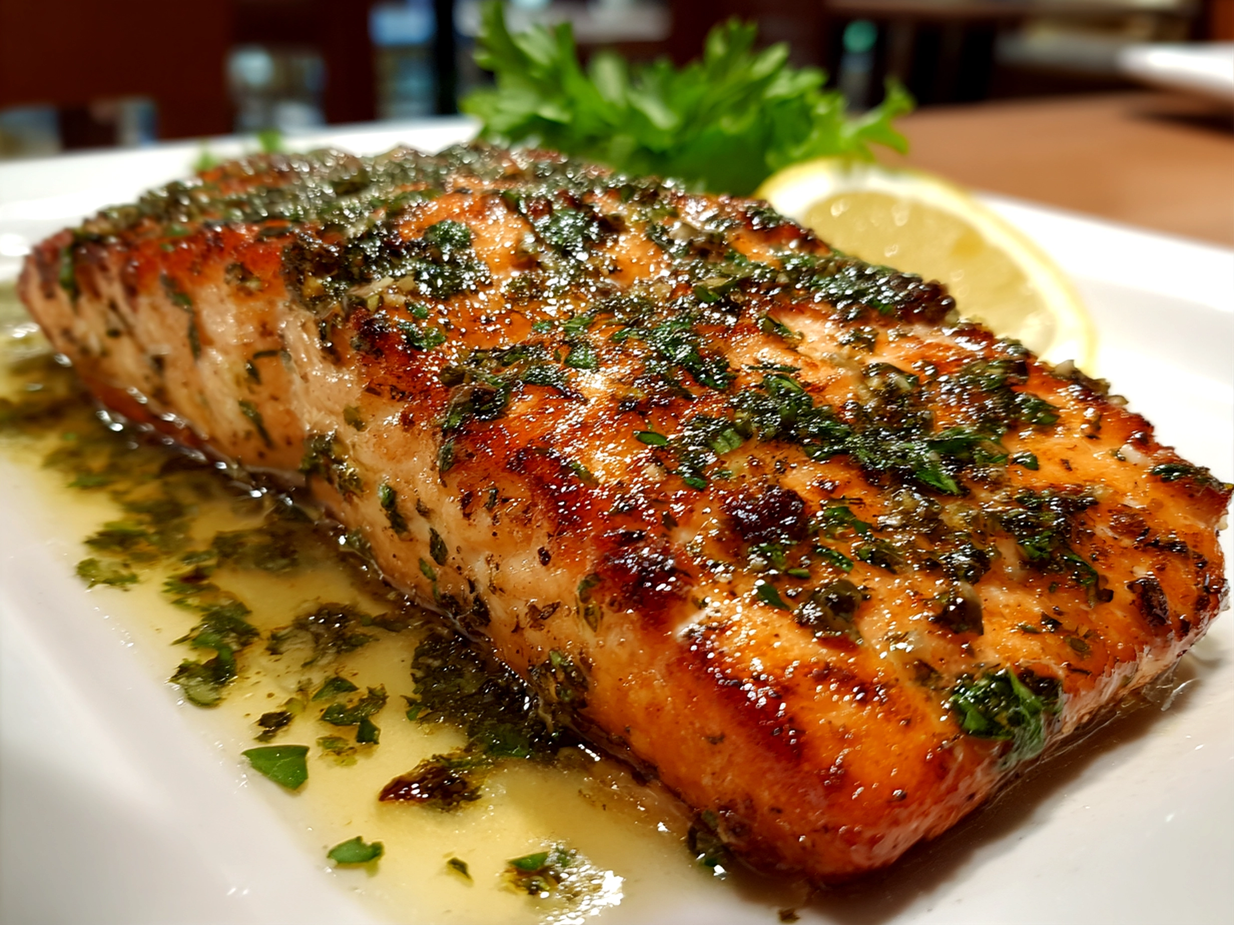 Freshly prepared garlic butter salmon on white plate