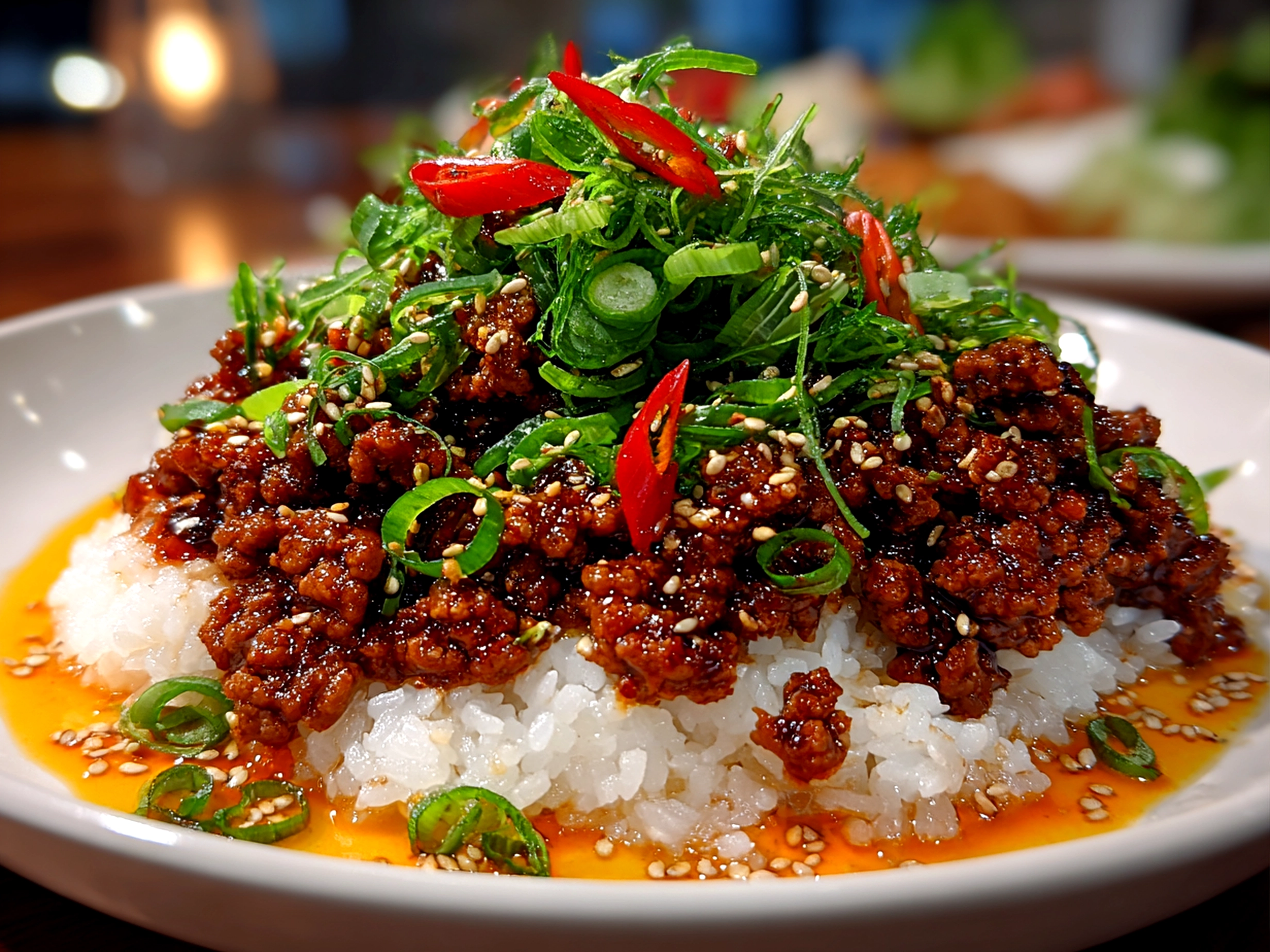 Freshly prepared Korean Ground Beef on white plate