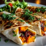 Freshly prepared loaded sweet potato burritos on a white plate