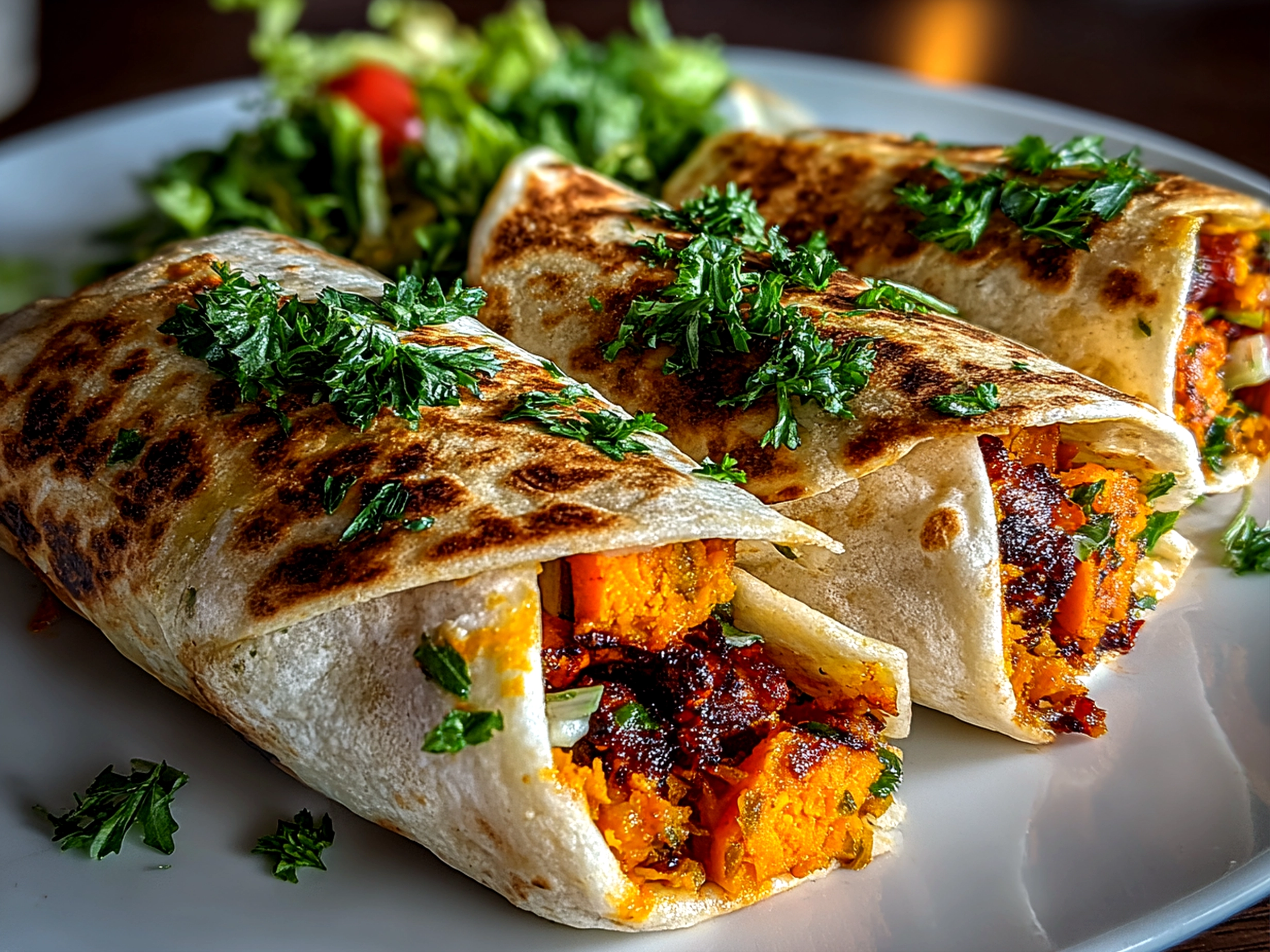 Freshly prepared loaded sweet potato burritos on a white plate