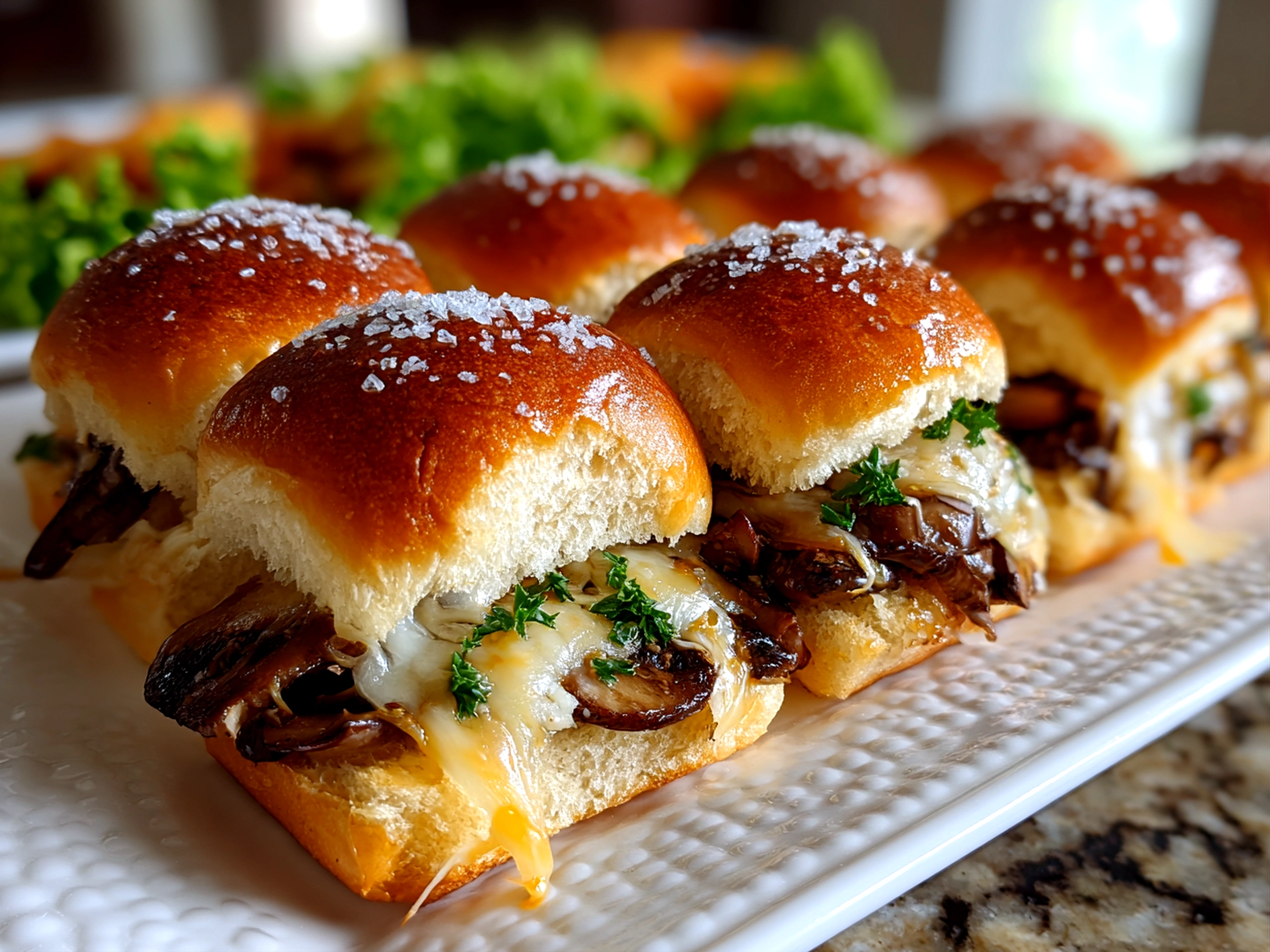 Freshly prepared Mini Mushroom Swiss Sliders on white plate
