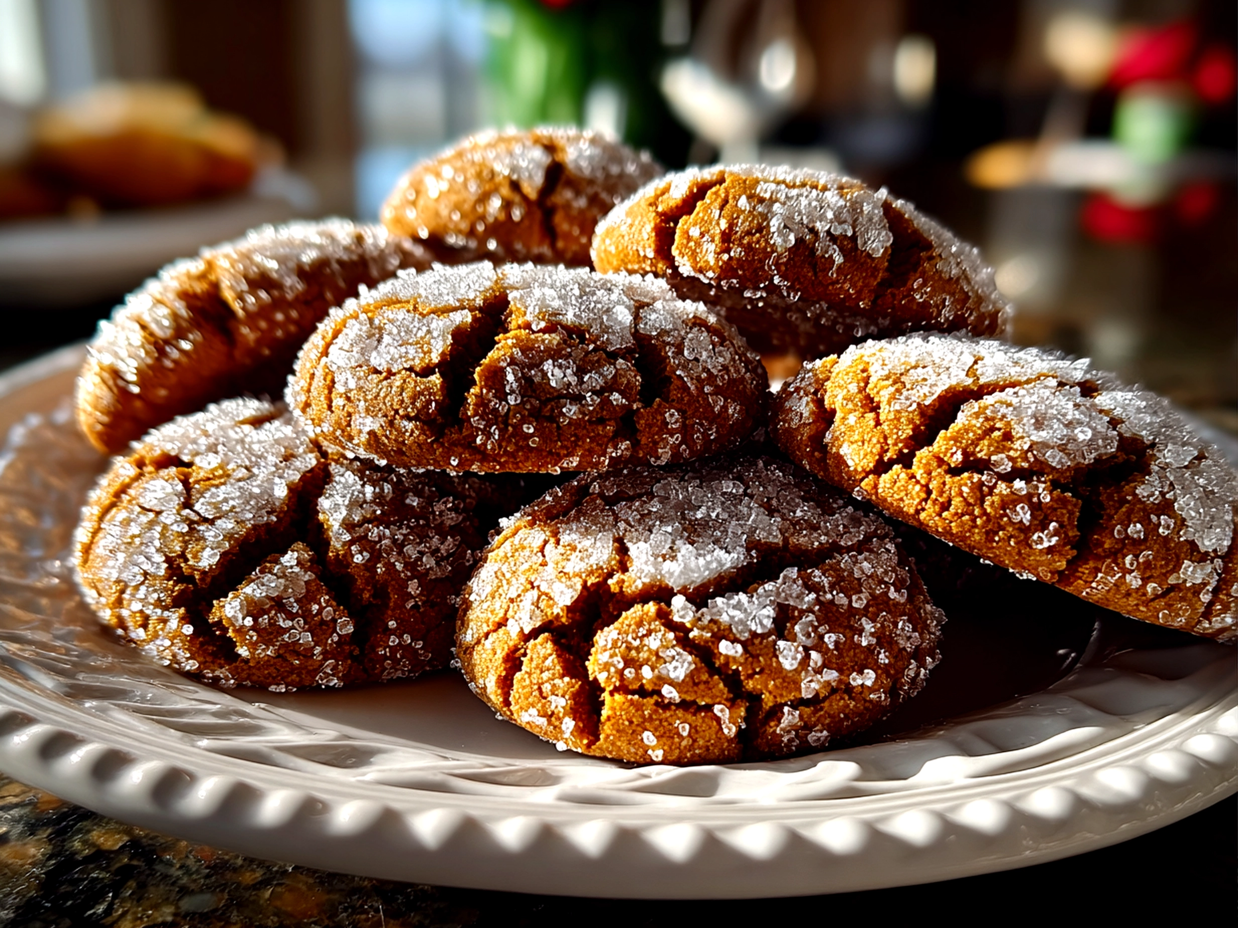 Freshly Prepared Molasses Crinkle Cookies on White Plate