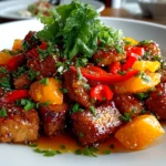 Freshly prepared Orange Glazed Tempeh Stir Fry plated on white dish