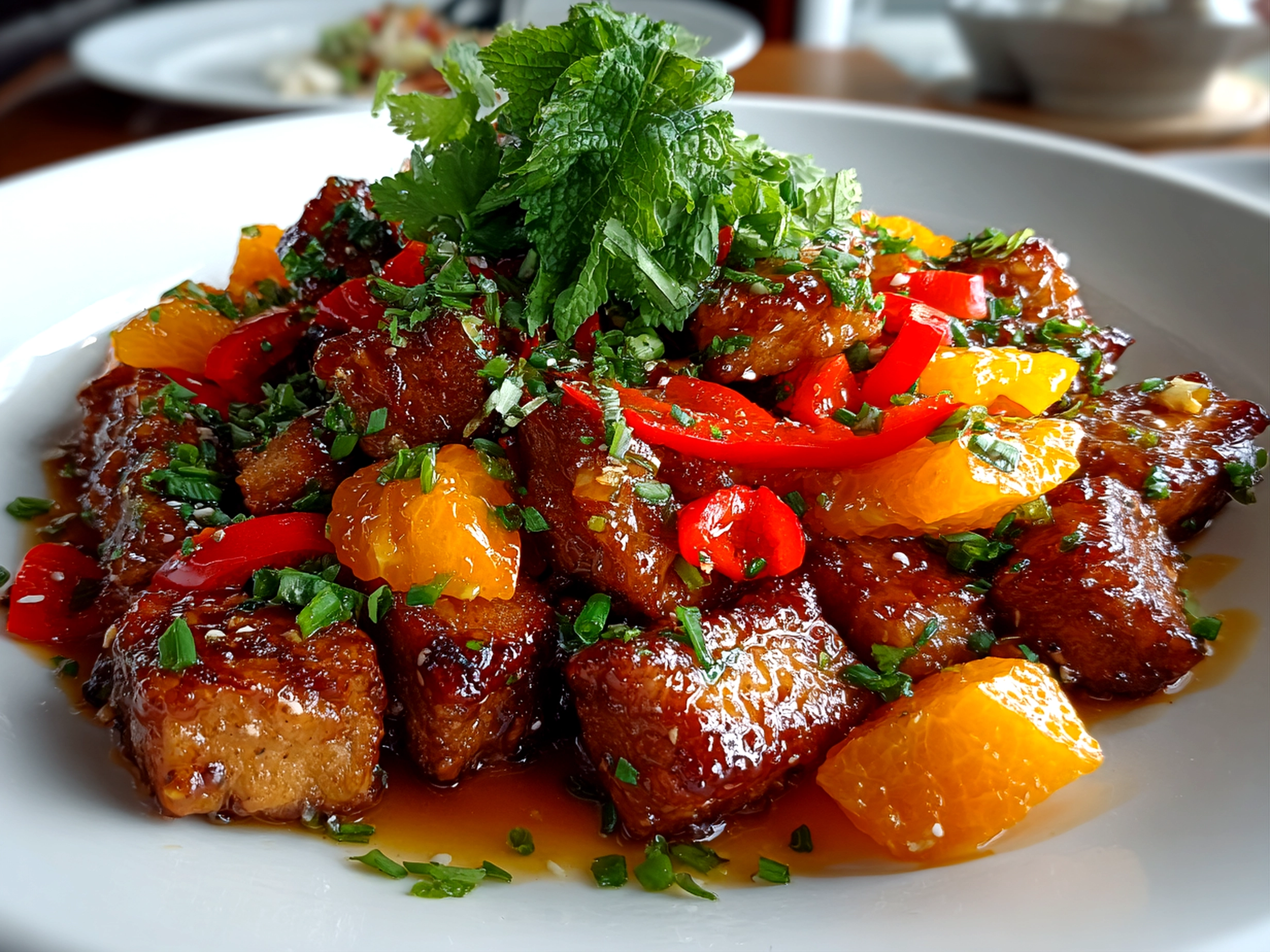 Freshly prepared Orange Glazed Tempeh Stir Fry plated on white dish