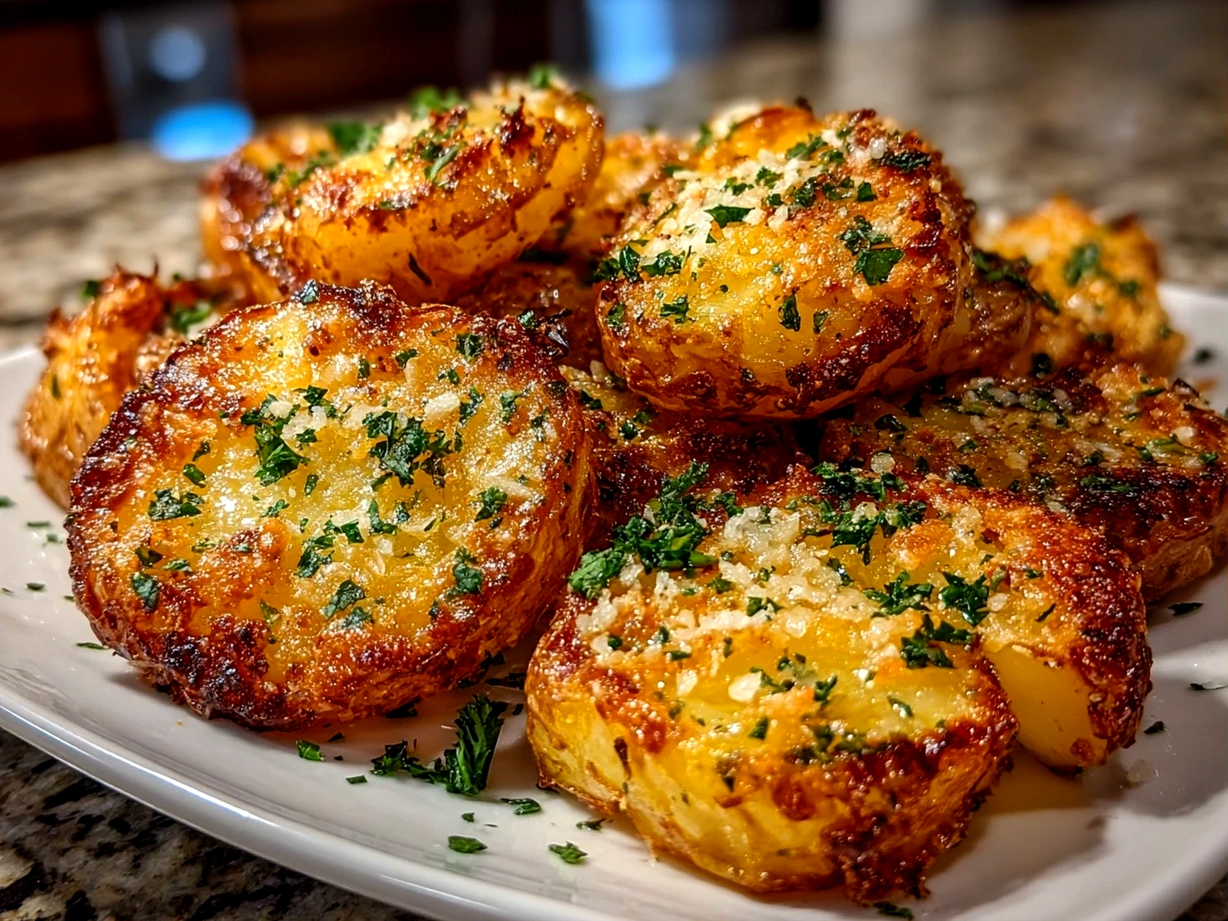 Freshly prepared Oven-Crisped Parmesan Potatoes on a white plate
