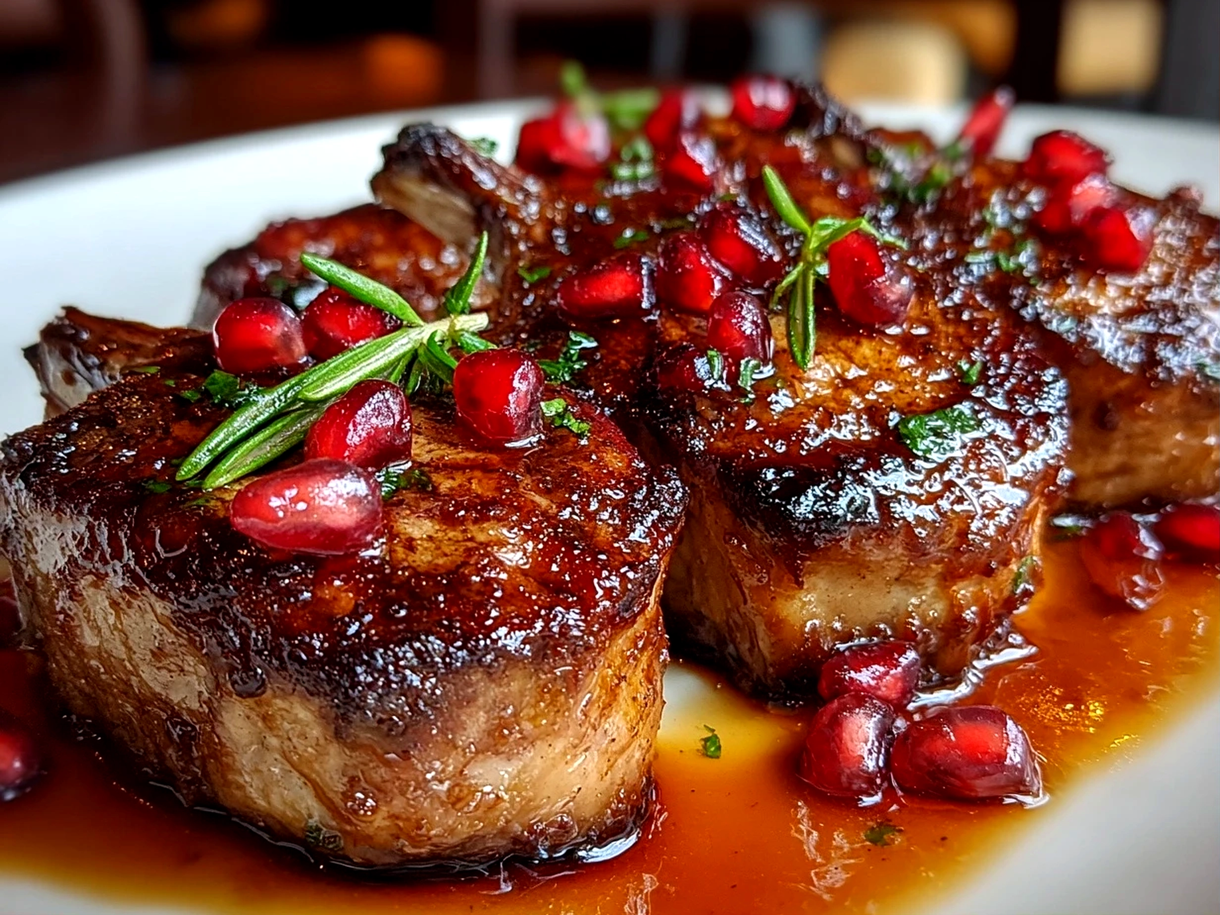 Freshly prepared Pomegranate Glazed Lamb Chops on white plate