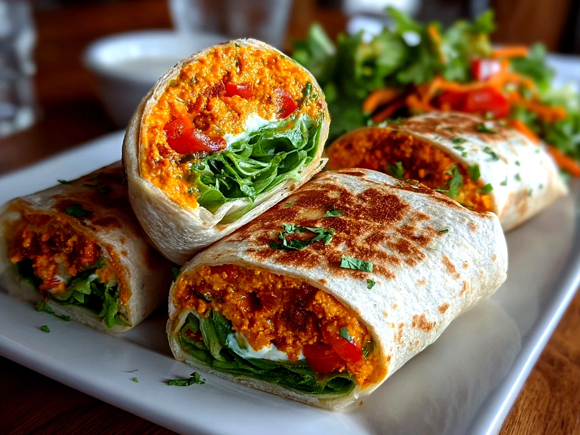 Freshly prepared Roasted Red Pepper Hummus Wraps