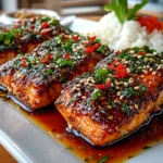 Freshly prepared Sheet Pan Teriyaki Salmon on white plate