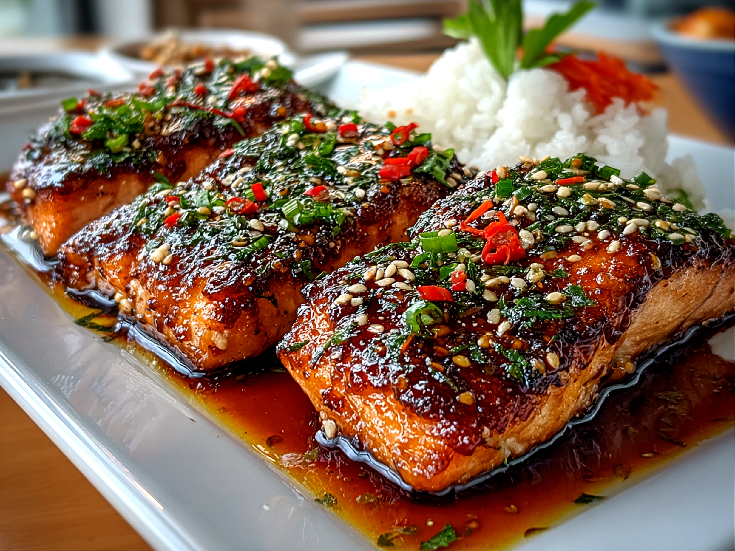 Freshly prepared Sheet Pan Teriyaki Salmon on white plate