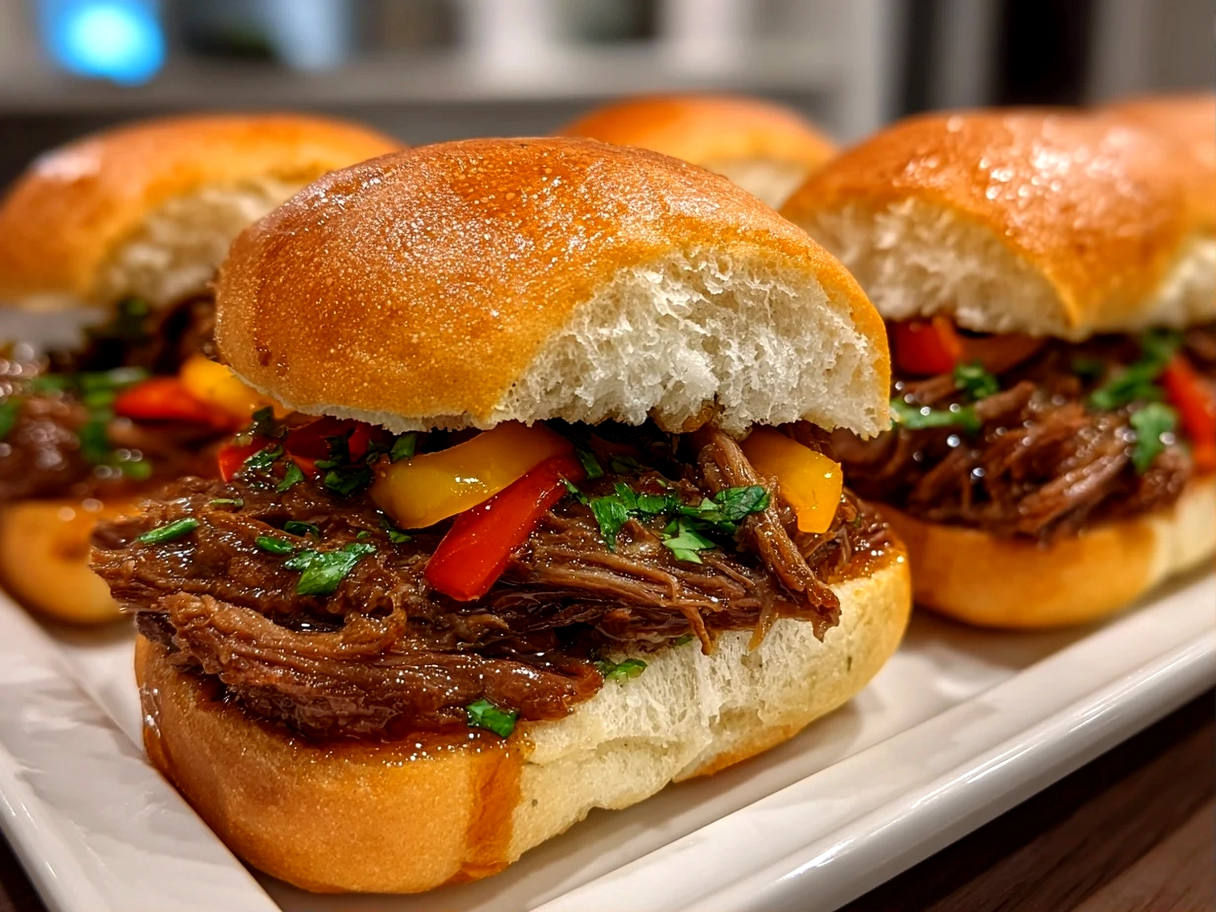 Freshly prepared Slow Cooker Italian Beef Sandwiches served on white plate