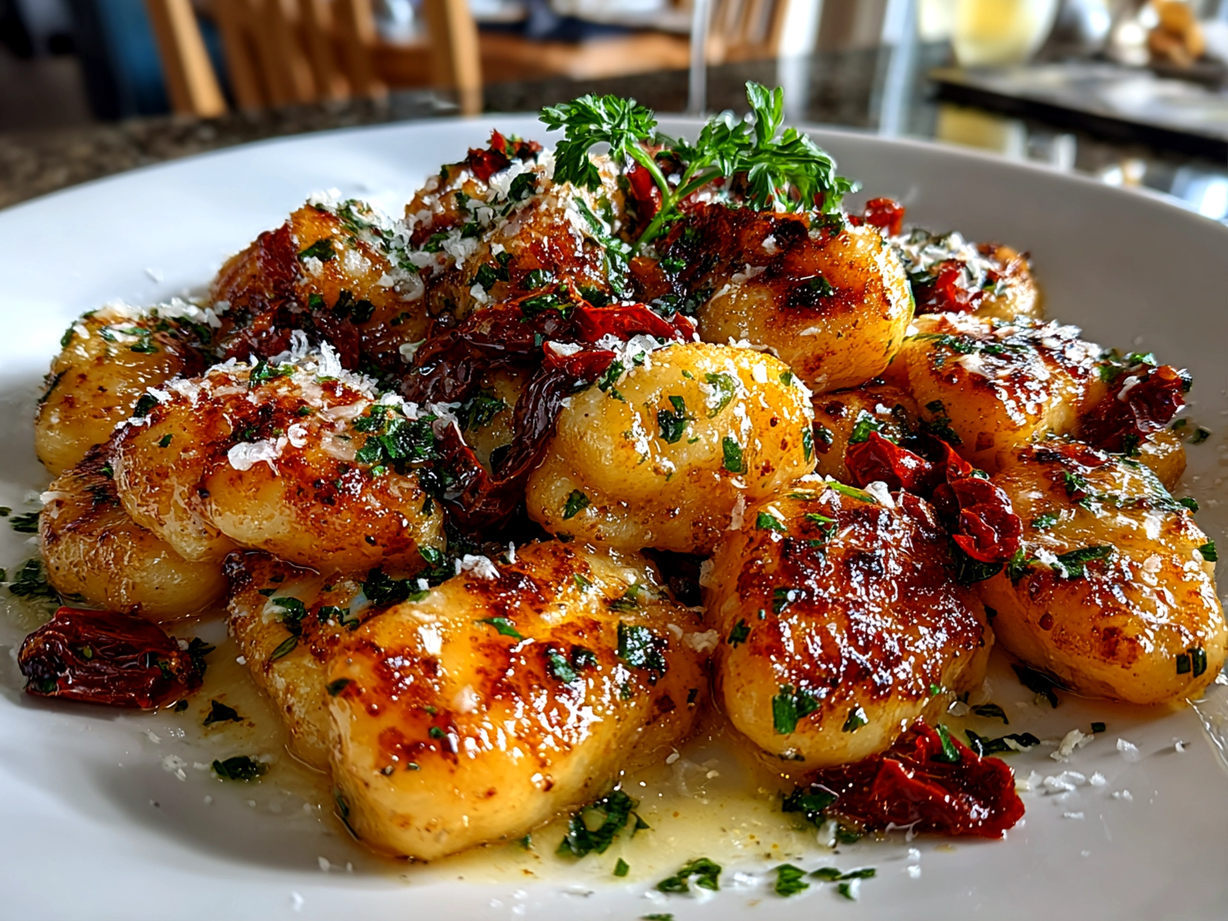 Freshly prepared Sun-Dried Tomato Gnocchi plated on white dish