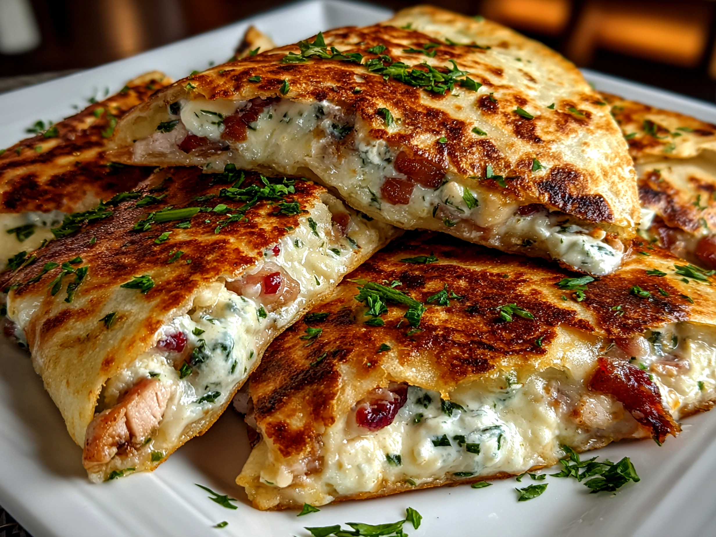 Freshly prepared Turkey Cranberry Quesadillas on white plate