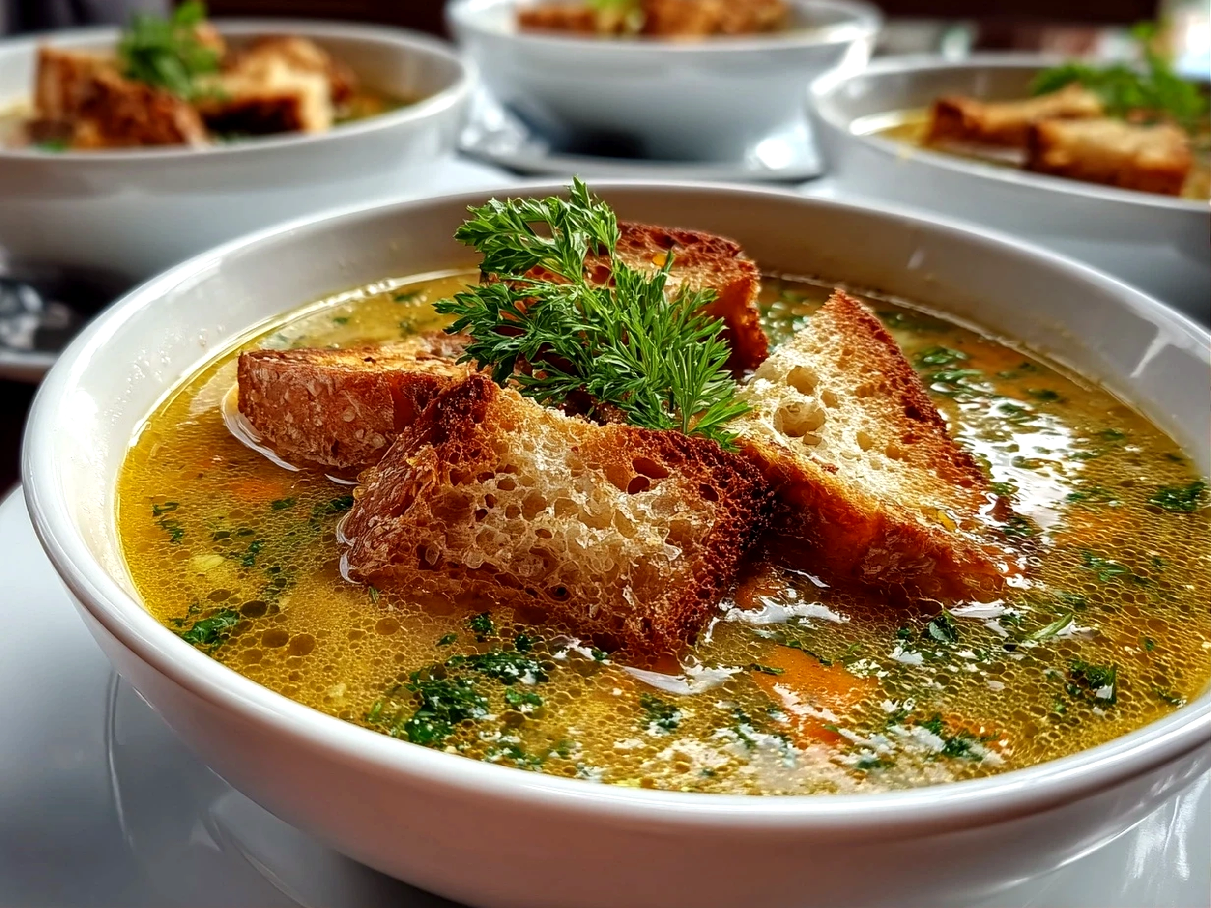 Freshly prepared vegetable soup on white plate