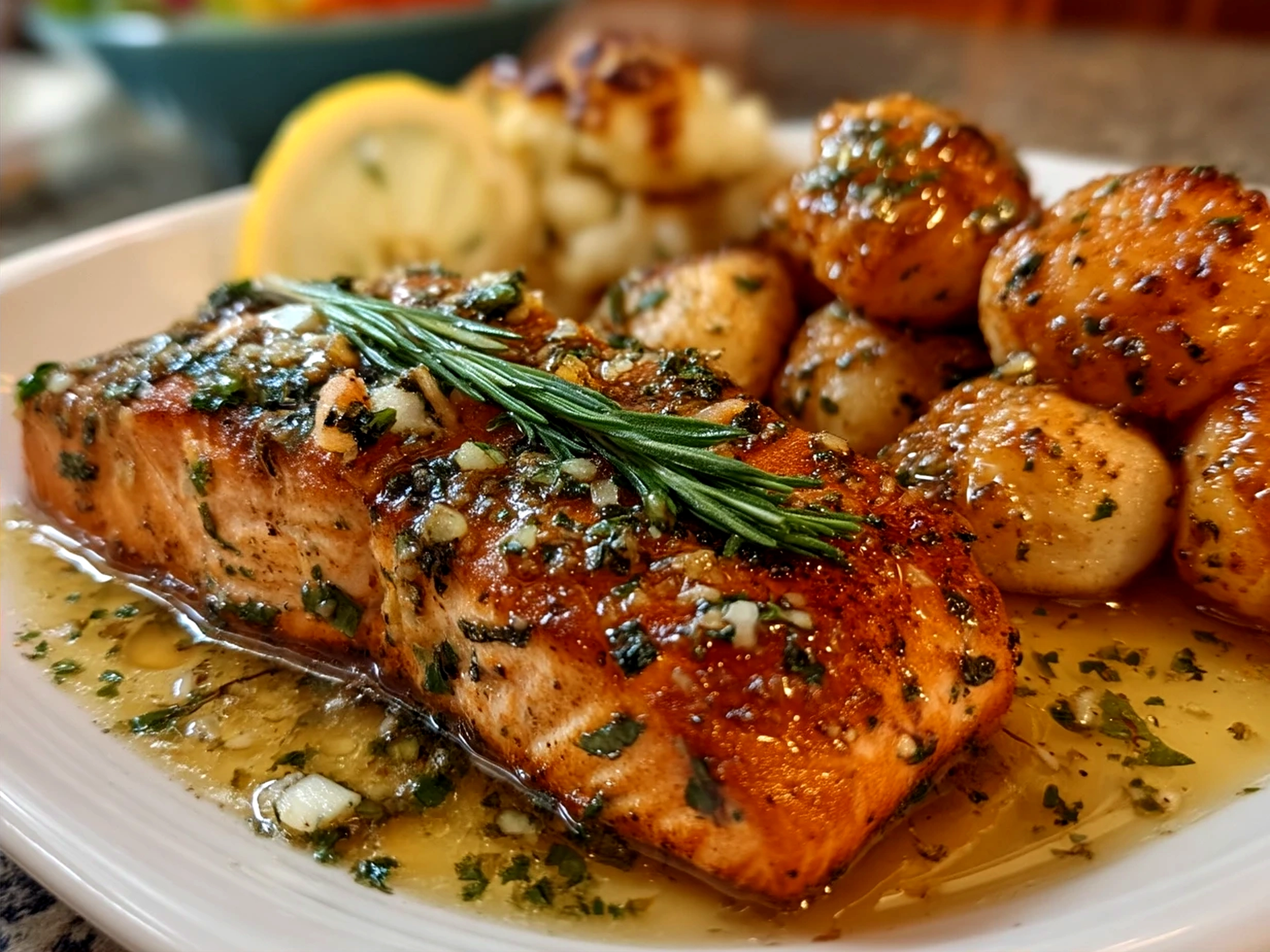 Plate of Garlic Butter Lemon Salmon served with vegetables and garnish