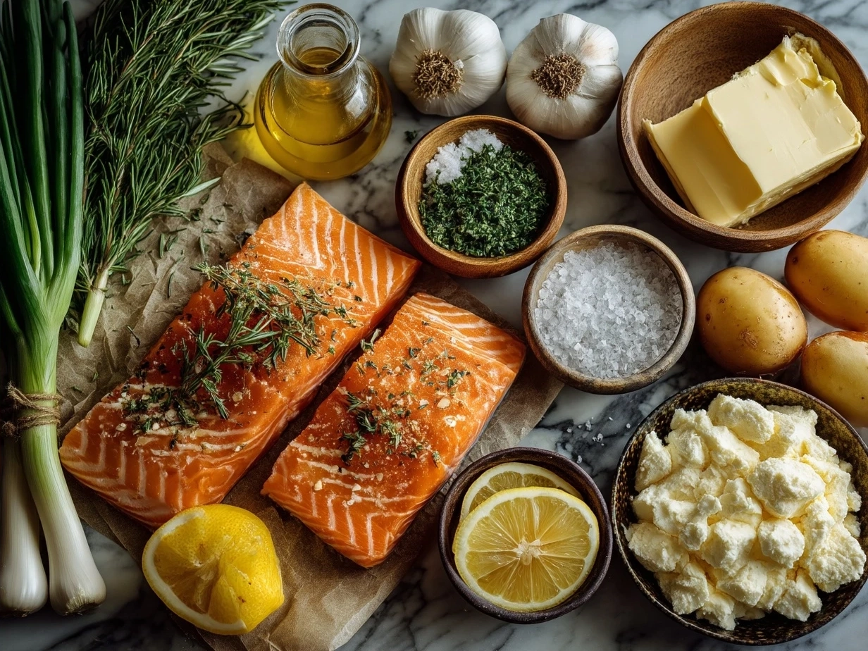 Ingredients for Garlic Butter Lemon Salmon laid out on a countertop