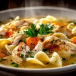 Home cook, iPhone 14. Close-up slight angle of comforting Chicken Noodle Soup on white plate. Warm appetizing --ar 4:3 --style raw --s 250