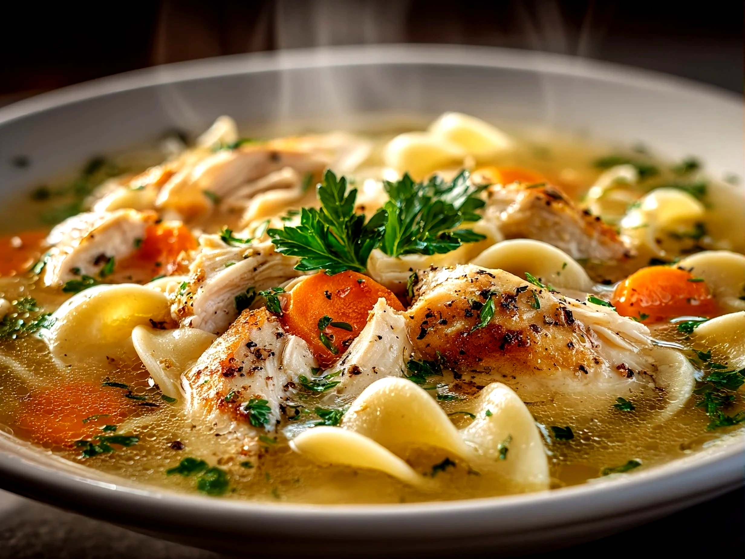 Home cook, iPhone 14. Close-up slight angle of comforting Chicken Noodle Soup on white plate. Warm appetizing --ar 4:3 --style raw --s 250