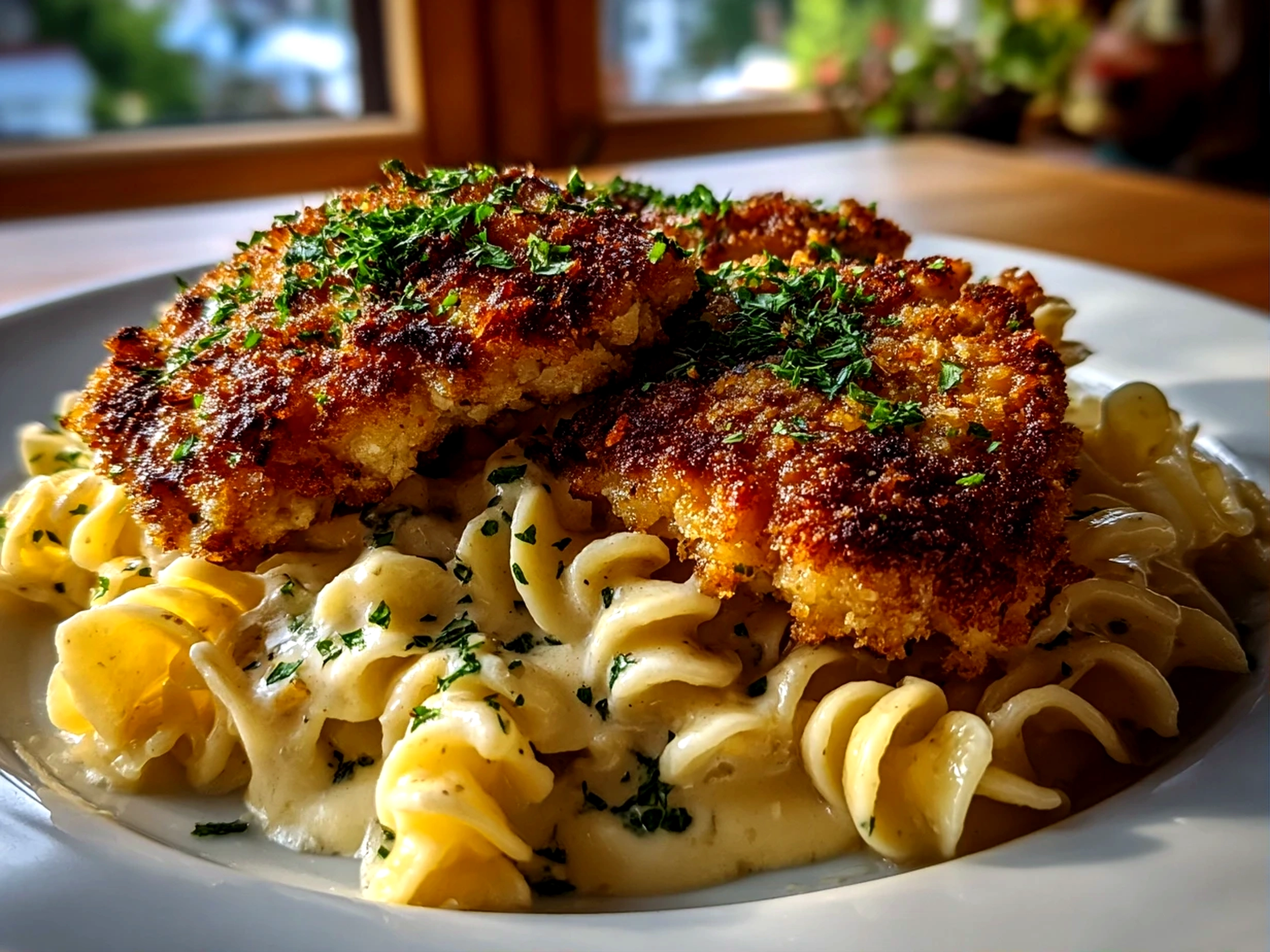 Home cook, iPhone 14. Close-up slight angle of crispy chicken schnitzel Alfredo on white plate. Mouthwatering --ar 4:3 --style raw --s 230