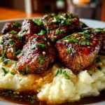 home cook, iPhone 14. Close-up slight angle of freshly prepared garlic butter beef bites with creamy mashed potatoes on white plate. rich inviting --ar 4:3 --style raw --s 240