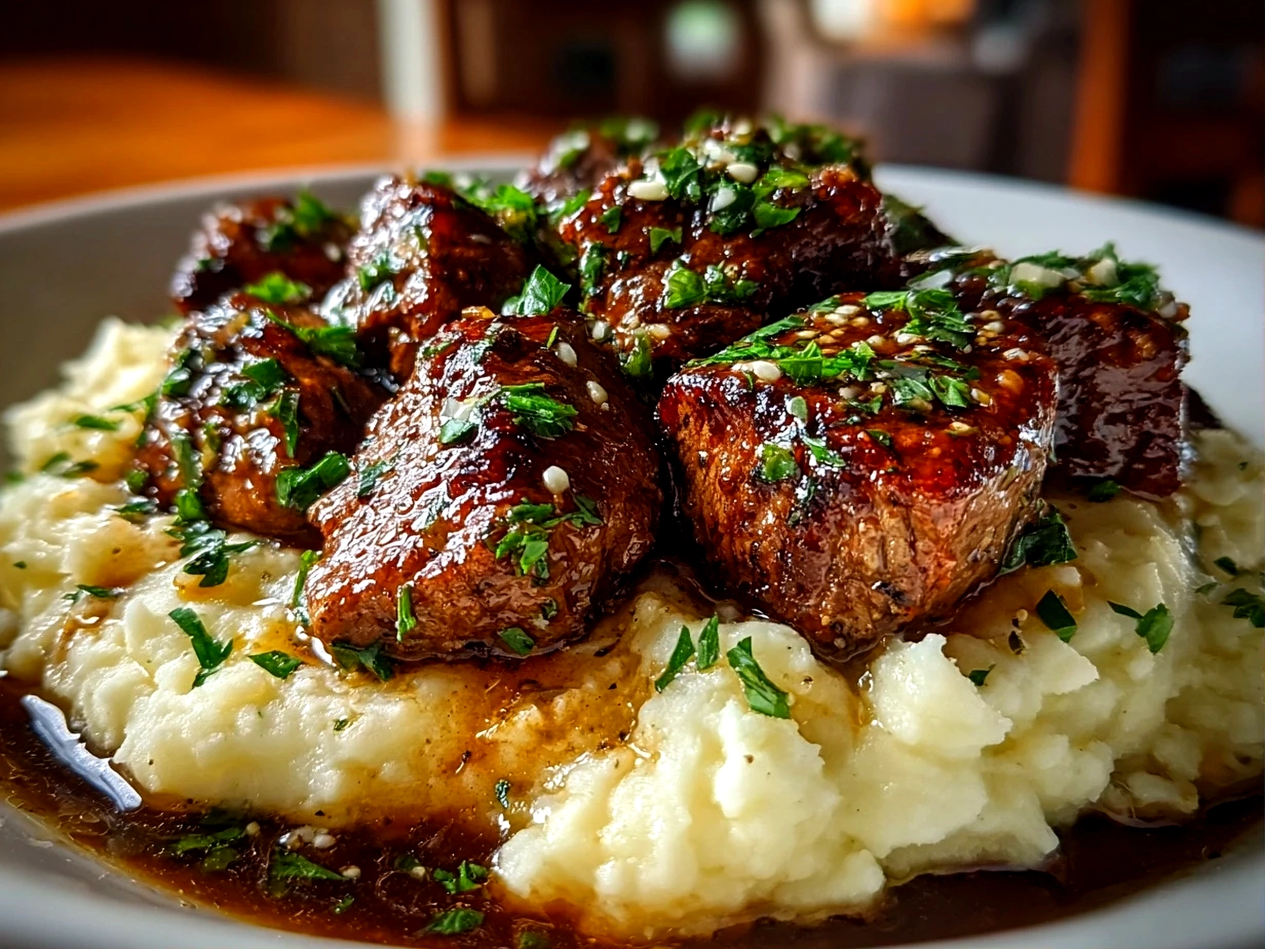home cook, iPhone 14. Close-up slight angle of freshly prepared garlic butter beef bites with creamy mashed potatoes on white plate. rich inviting --ar 4:3 --style raw --s 240