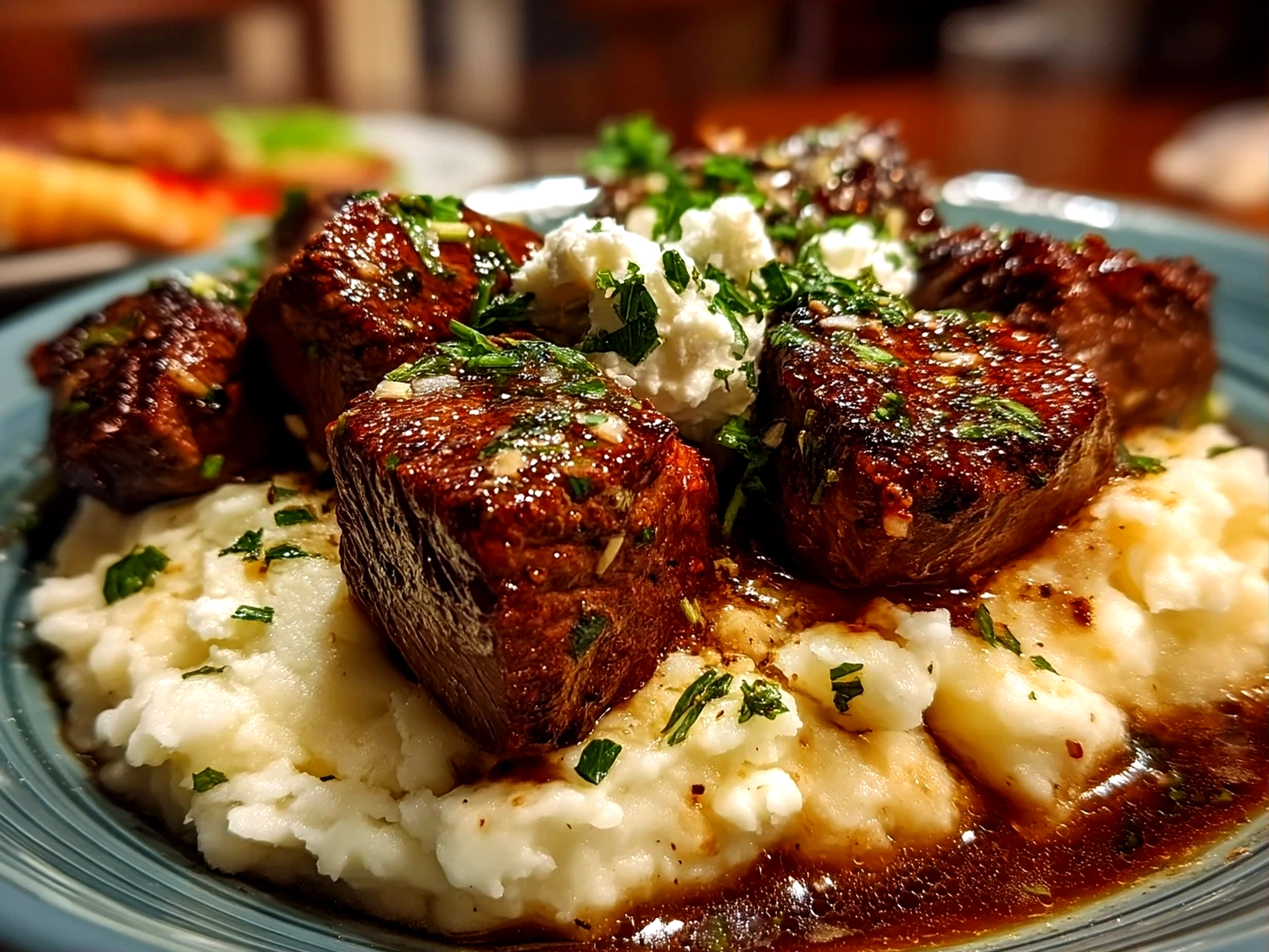 Close up of finished comforting garlic butter beef bites with creamy mashed potatoes plated for serving