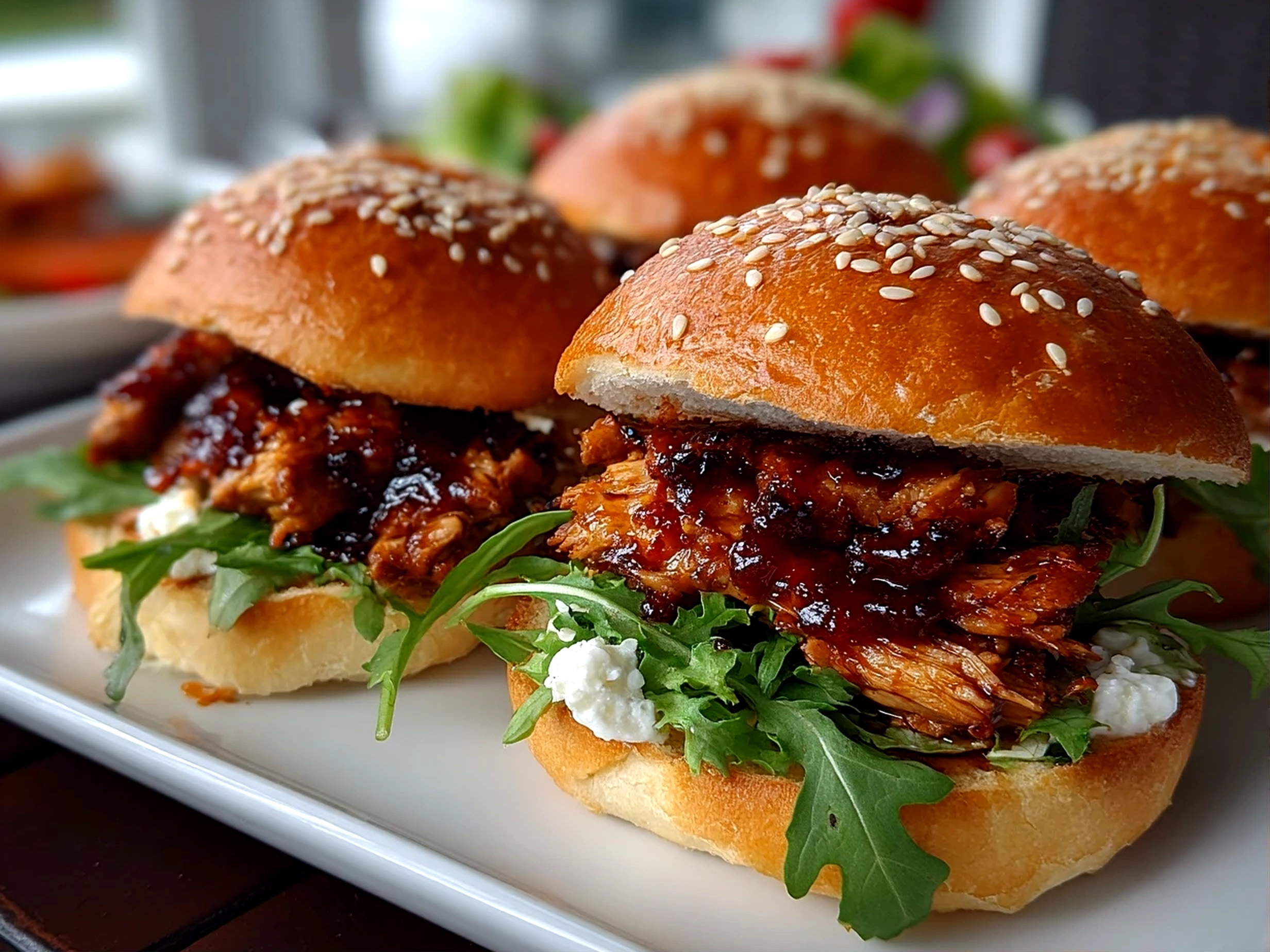 Home cook, iPhone 15 Pro. Close-up slight angle of delicious BBQ Chicken Sliders on white plate. Mouthwatering --ar 4:3 --style raw --s 250