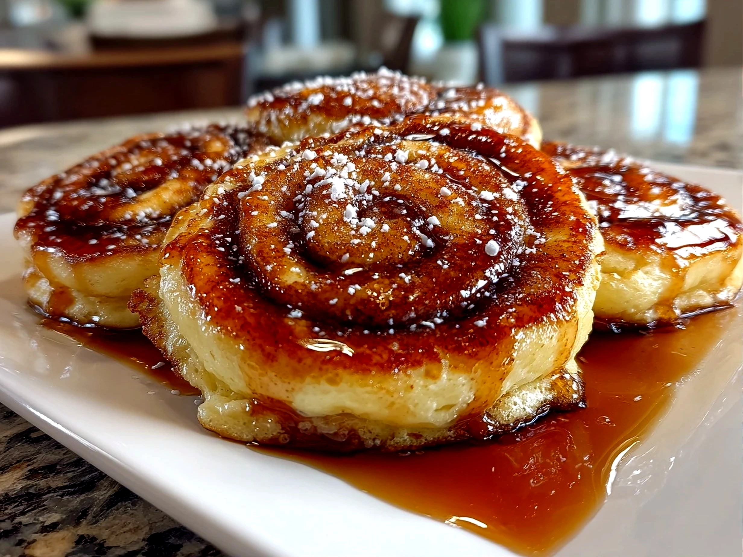 Home cook, iPhone 15 Pro. Close-up slight angle of homemade cinnamon roll pancakes on white plate. Mouthwatering finish --ar 4:3 --style raw --s 245