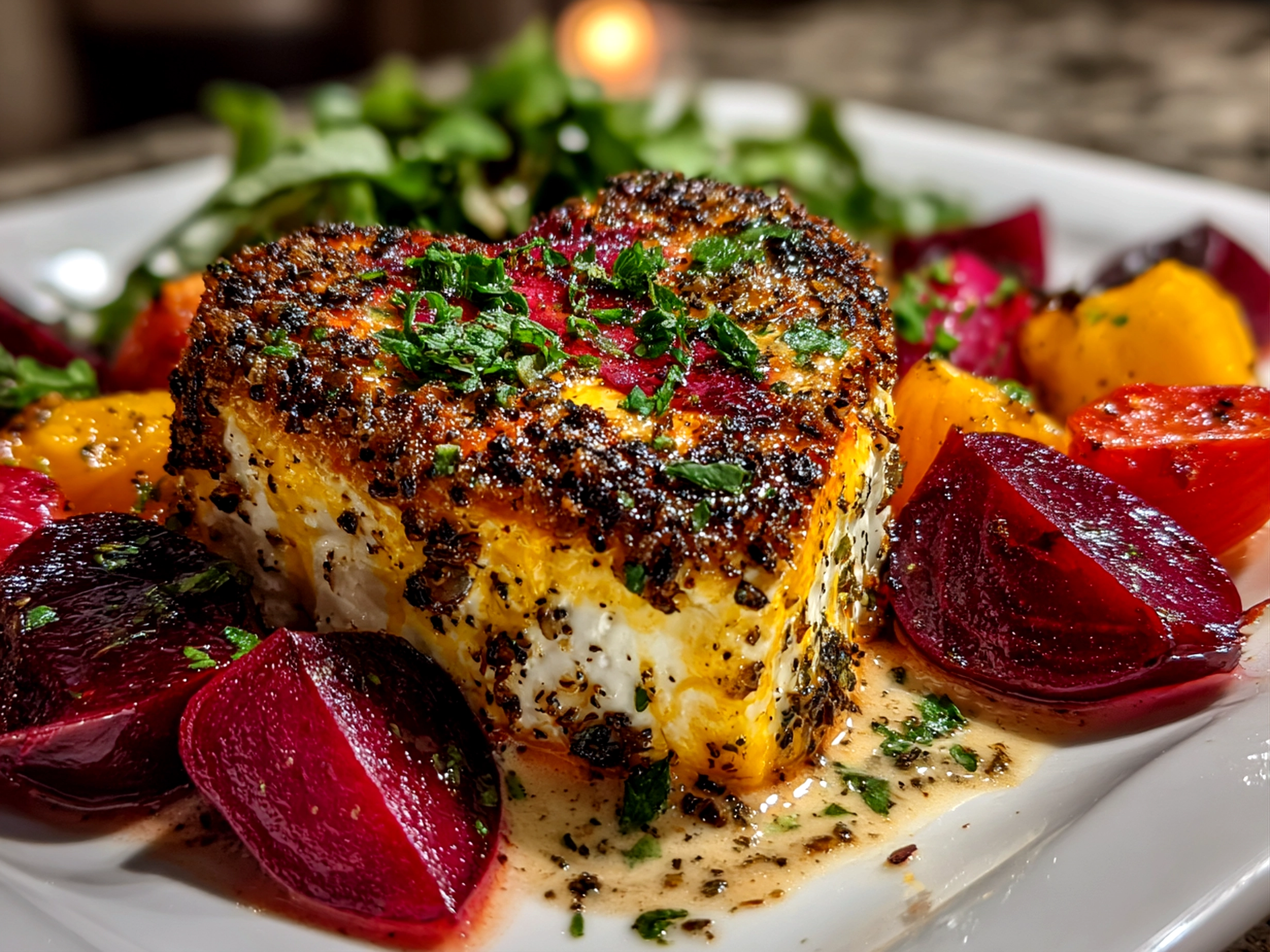 Home cook, taken with iPhone 14 Pro. Close-up slight angle of comforting roasted beet goat cheese on white plate. Fresh vibrant --ar 4:3 --style raw --s 235