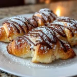 Home cook, taken with iPhone 14 Pro. Close-up slight angle of freshly prepared Chocolate-Filled Nutella Crescent Rolls on white plate. Rich inviting --ar 4:3 --style raw --s 232