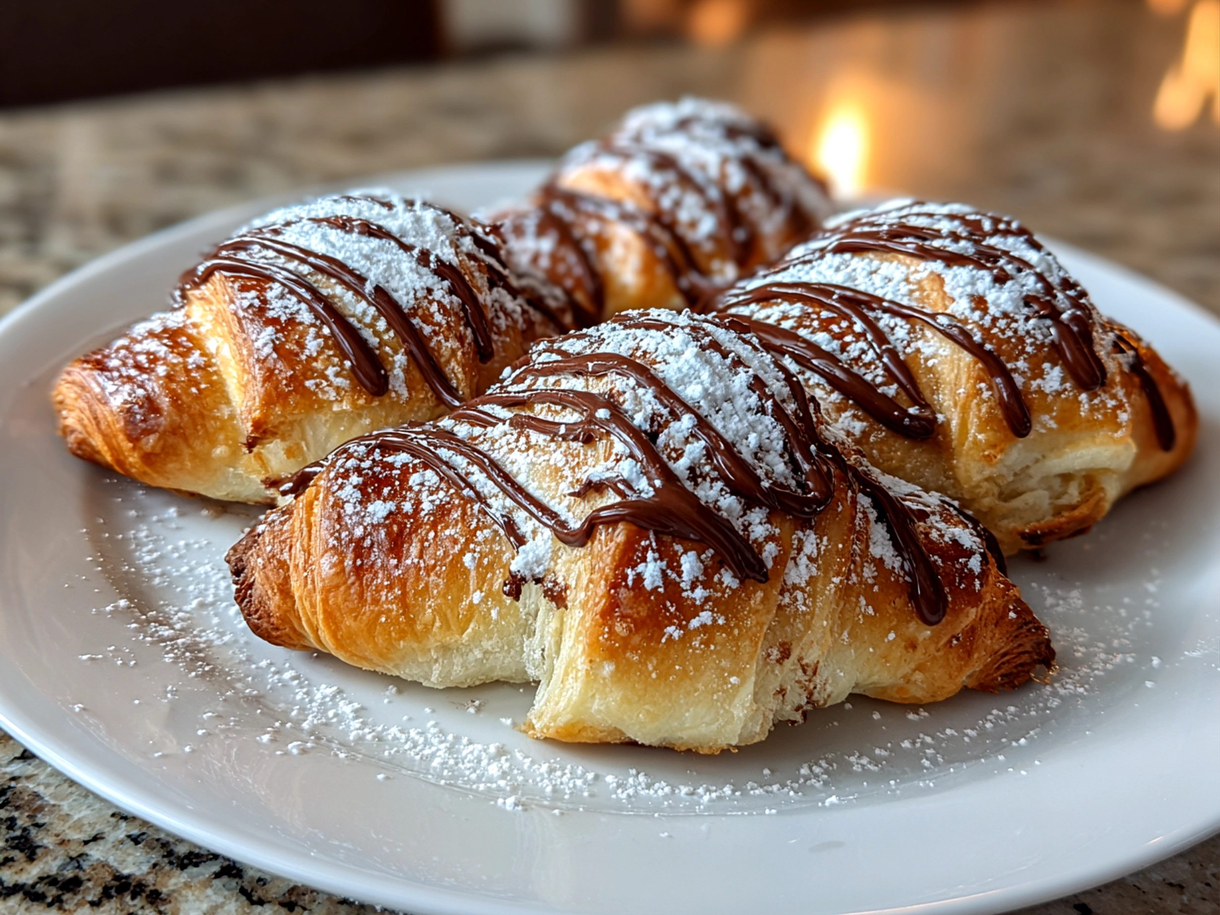 Home cook, taken with iPhone 14 Pro. Close-up slight angle of freshly prepared Chocolate-Filled Nutella Crescent Rolls on white plate. Rich inviting --ar 4:3 --style raw --s 232