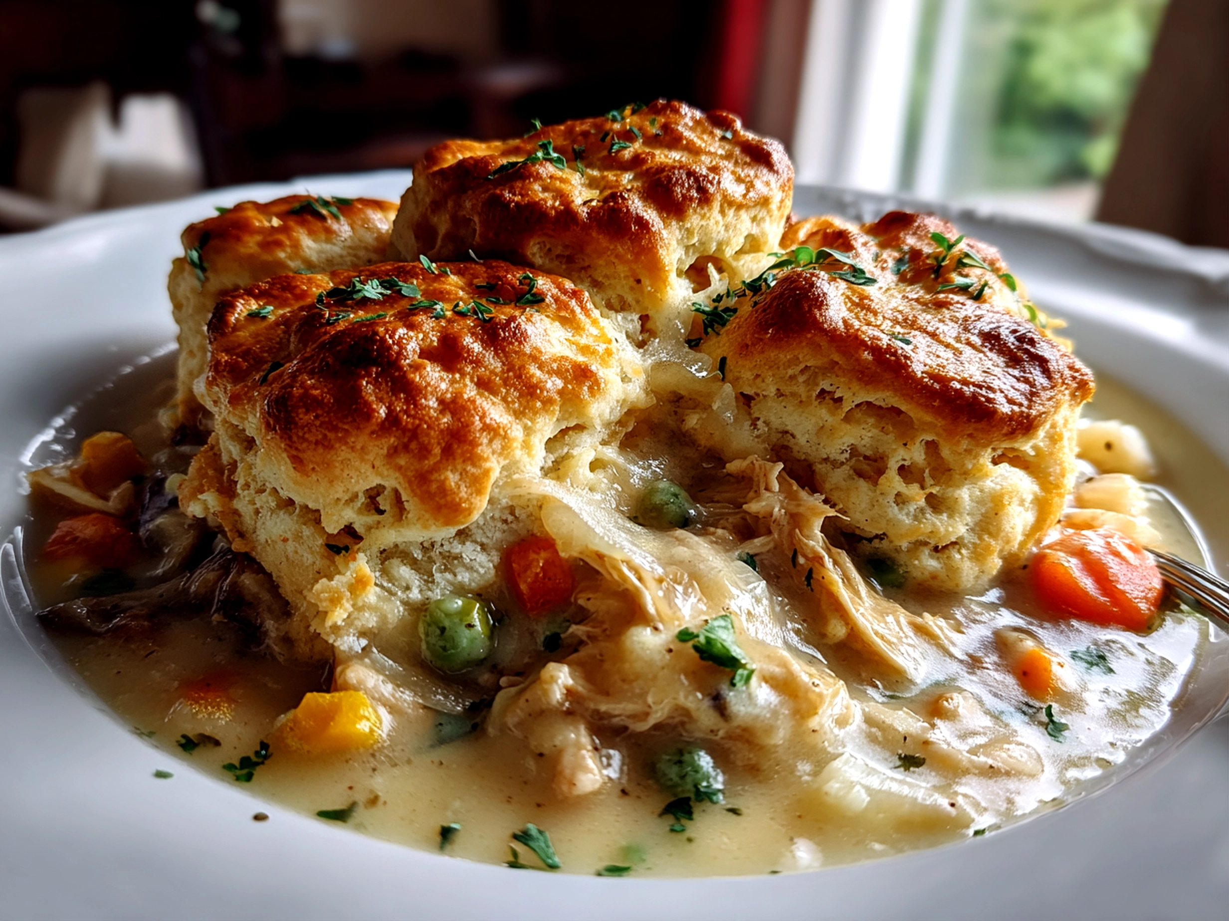 home cook, taken with iPhone 14. Close-up slight angle of comforting Turkey Pot Pie with Biscuit Topping on white plate. mouthwatering --ar 4:3 --style raw --s 220