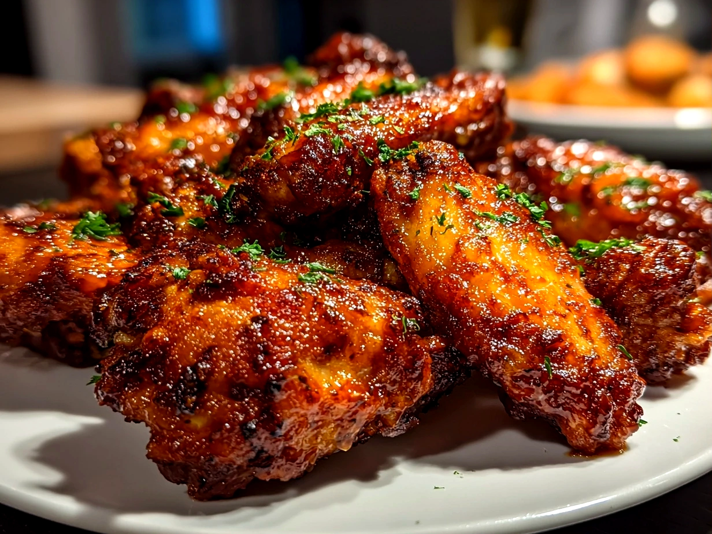 Home cook, taken with iPhone 14. Close-up slight angle of delicious Crockpot Buffalo Wings on white plate. Mouthwatering --ar 4:3 --style raw --s 240