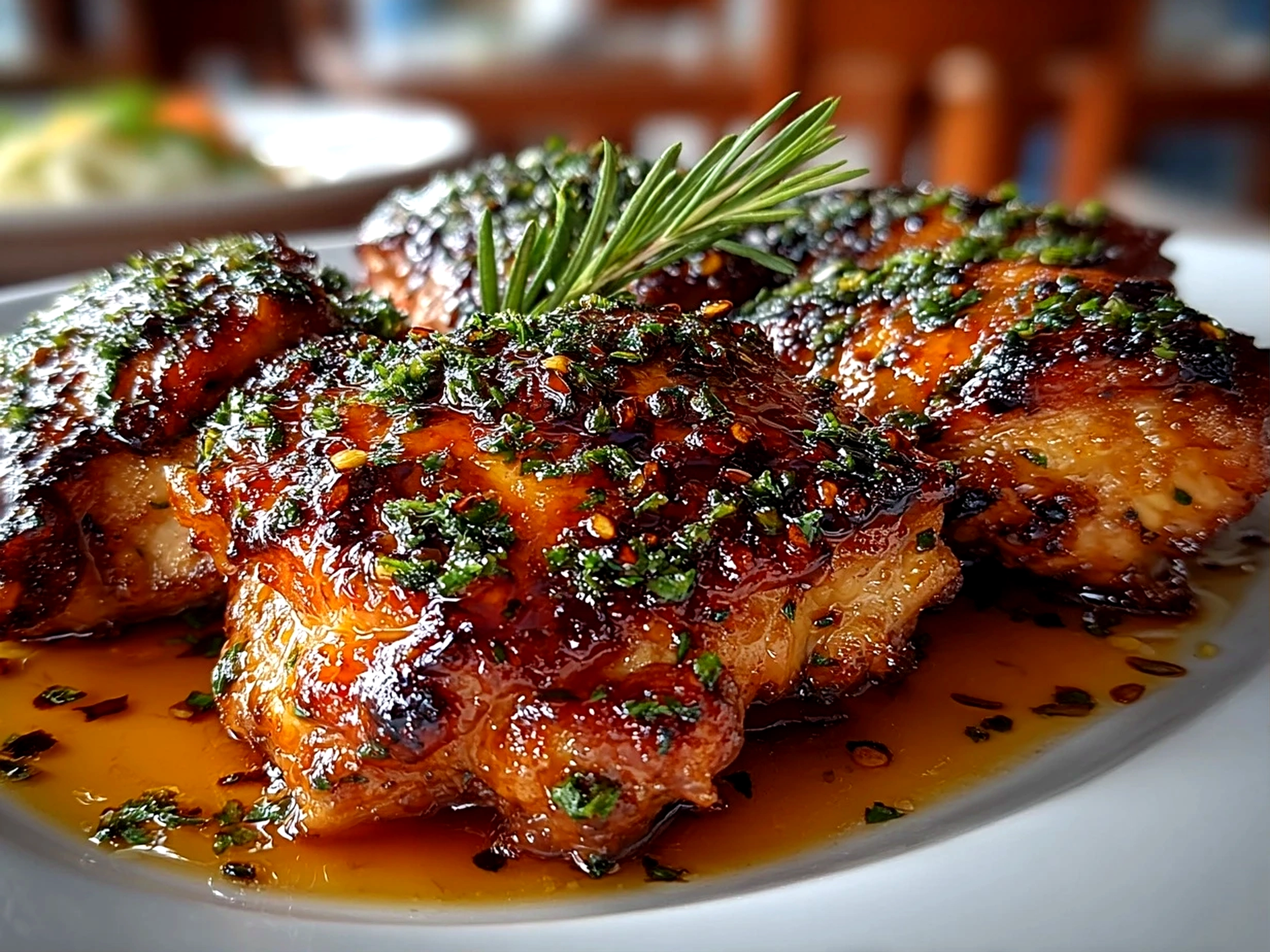 Home cook, taken with iPhone 14. Close-up slight angle of fresh delicious Honey Garlic Chicken Thighs on white plate. Warm appetizing --ar 4:3 --style raw --s 250