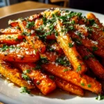 Home cook, taken with iPhone 14. Close-up slight angle of freshly prepared Maple Carrot Fries on white plate. Warm appetizing --ar 4:3 --style raw --s 260