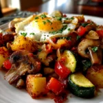 Home cook, taken with iPhone 14. Close-up slight angle of freshly prepared Veggie Sheet Pan Hash on white plate. Mouthwatering --ar 4:3 --style raw --s 250