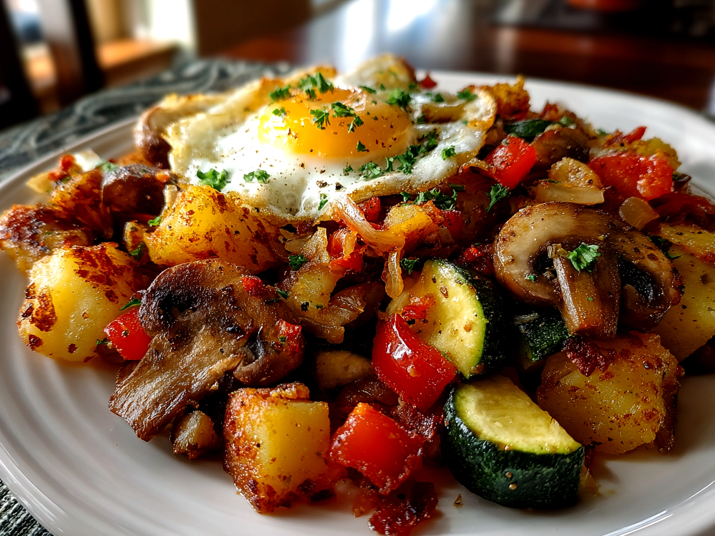 Home cook, taken with iPhone 14. Close-up slight angle of freshly prepared Veggie Sheet Pan Hash on white plate. Mouthwatering --ar 4:3 --style raw --s 250