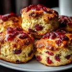 Home cook, taken with iPhone 15 Pro. Close-up slight angle of comforting Cranberry Orange Scones on white plate. Fresh vibrant --ar 4:3 --style raw --s 230