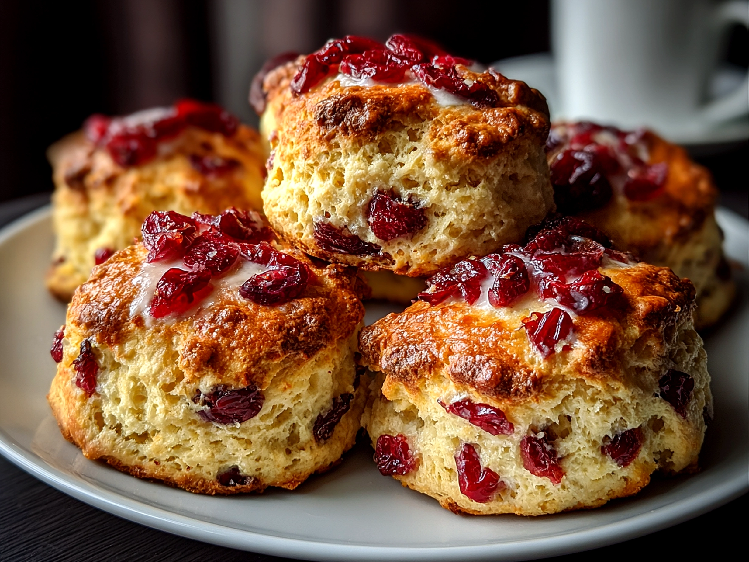 Home cook, taken with iPhone 15 Pro. Close-up slight angle of comforting Cranberry Orange Scones on white plate. Fresh vibrant --ar 4:3 --style raw --s 230