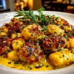 Home cooks, taken with iPhone 15 Pro Max. Close-up slight angle of comforting sausage gnocchi on white plate. Warm appetizing --ar 4:3 --style raw --s 250