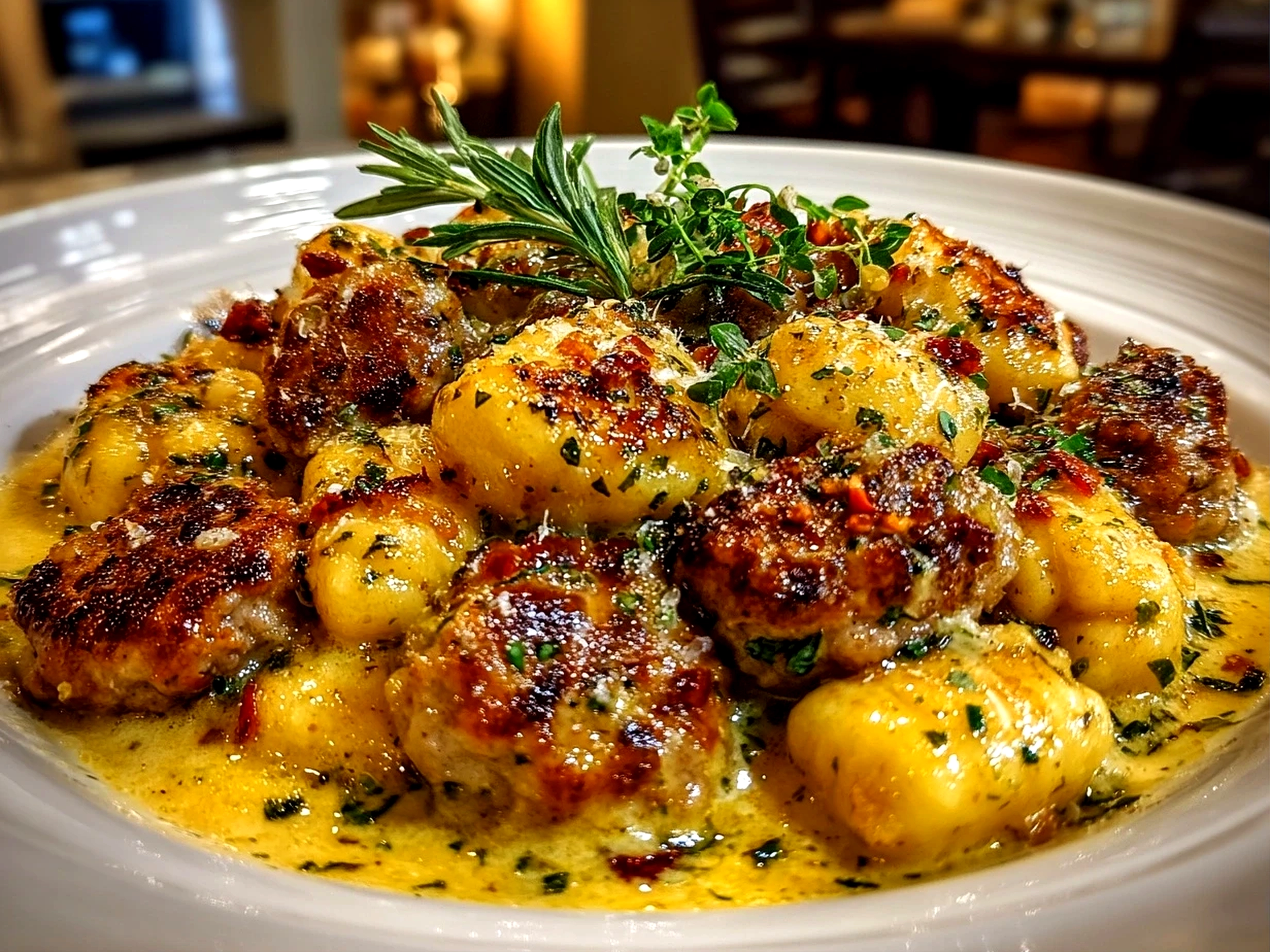 Home cooks, taken with iPhone 15 Pro Max. Close-up slight angle of comforting sausage gnocchi on white plate. Warm appetizing --ar 4:3 --style raw --s 250