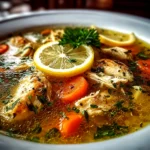 Homemade One-Pot Lemon Chicken Soup on white plate