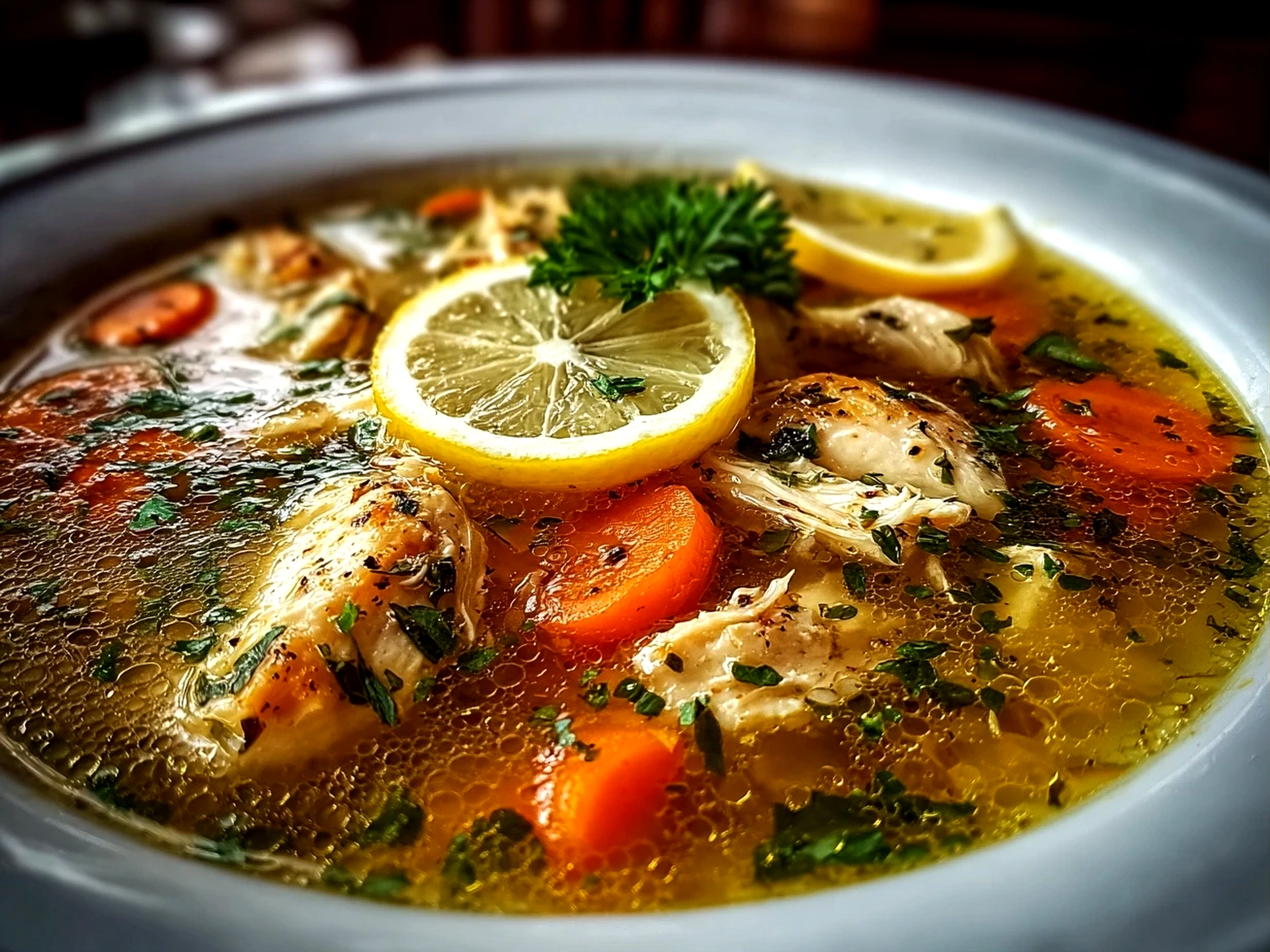 Homemade One-Pot Lemon Chicken Soup on white plate