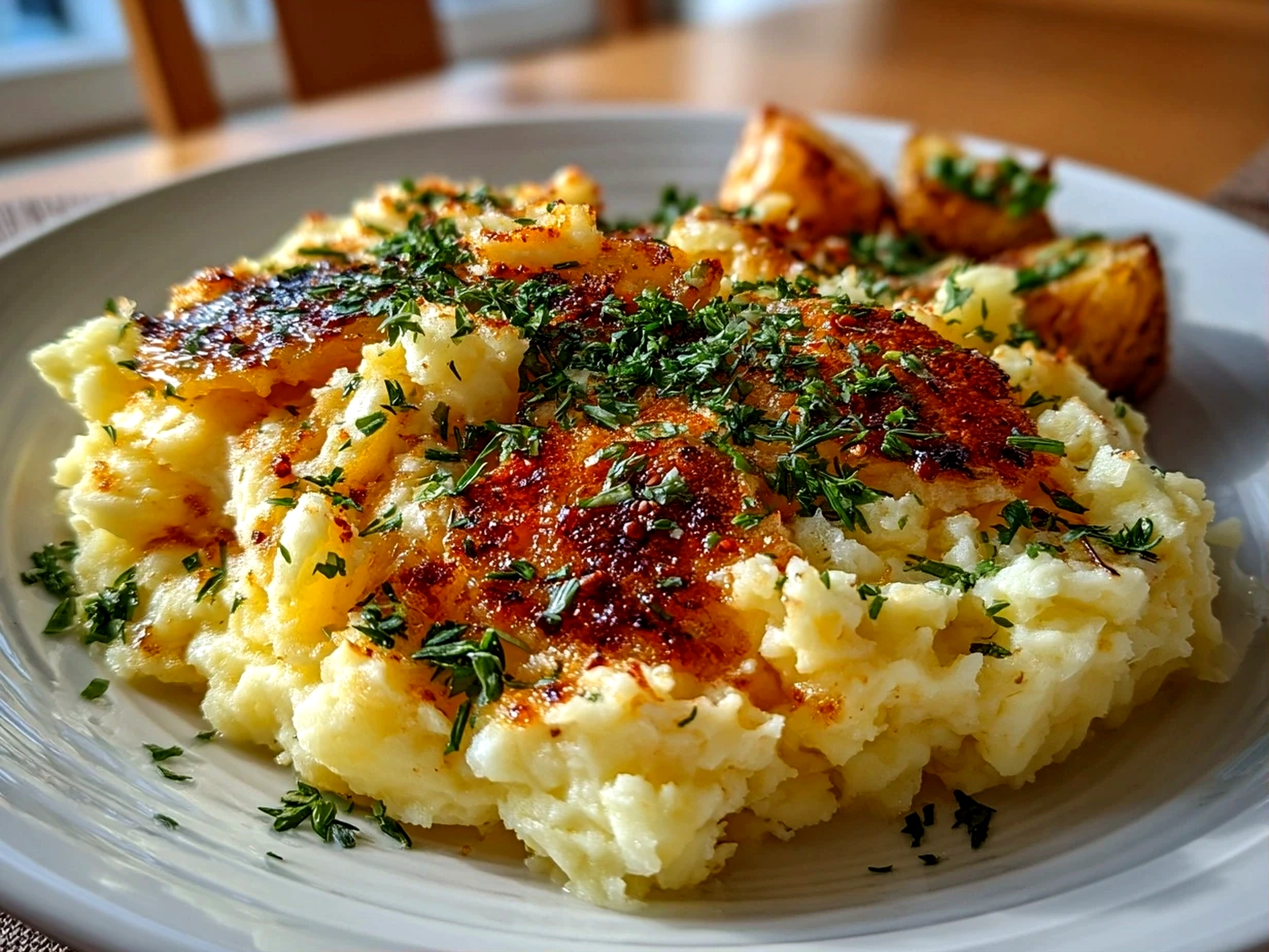 Homemade roasted garlic mashed potatoes on white plate