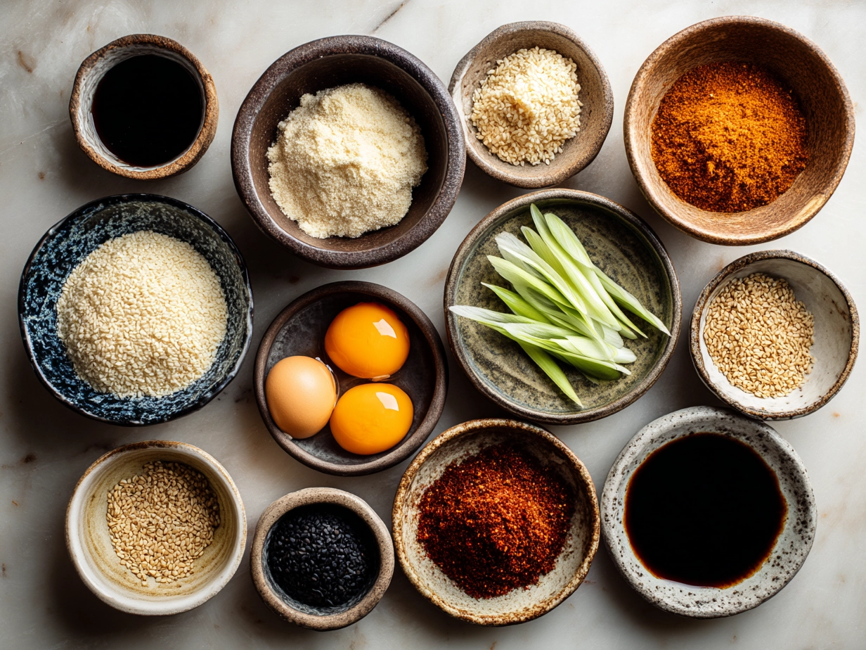 Organized mise en place for spicy miso ramen ingredients