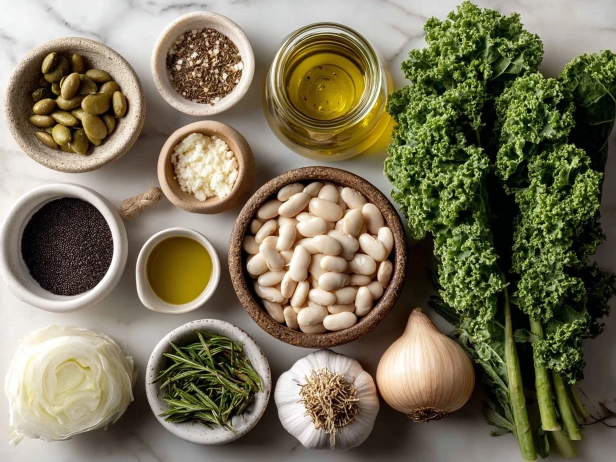Organized raw ingredients for White Bean Kale Soup including olive oil, onion, garlic, kale, cannellini beans, vegetable broth and seasonings