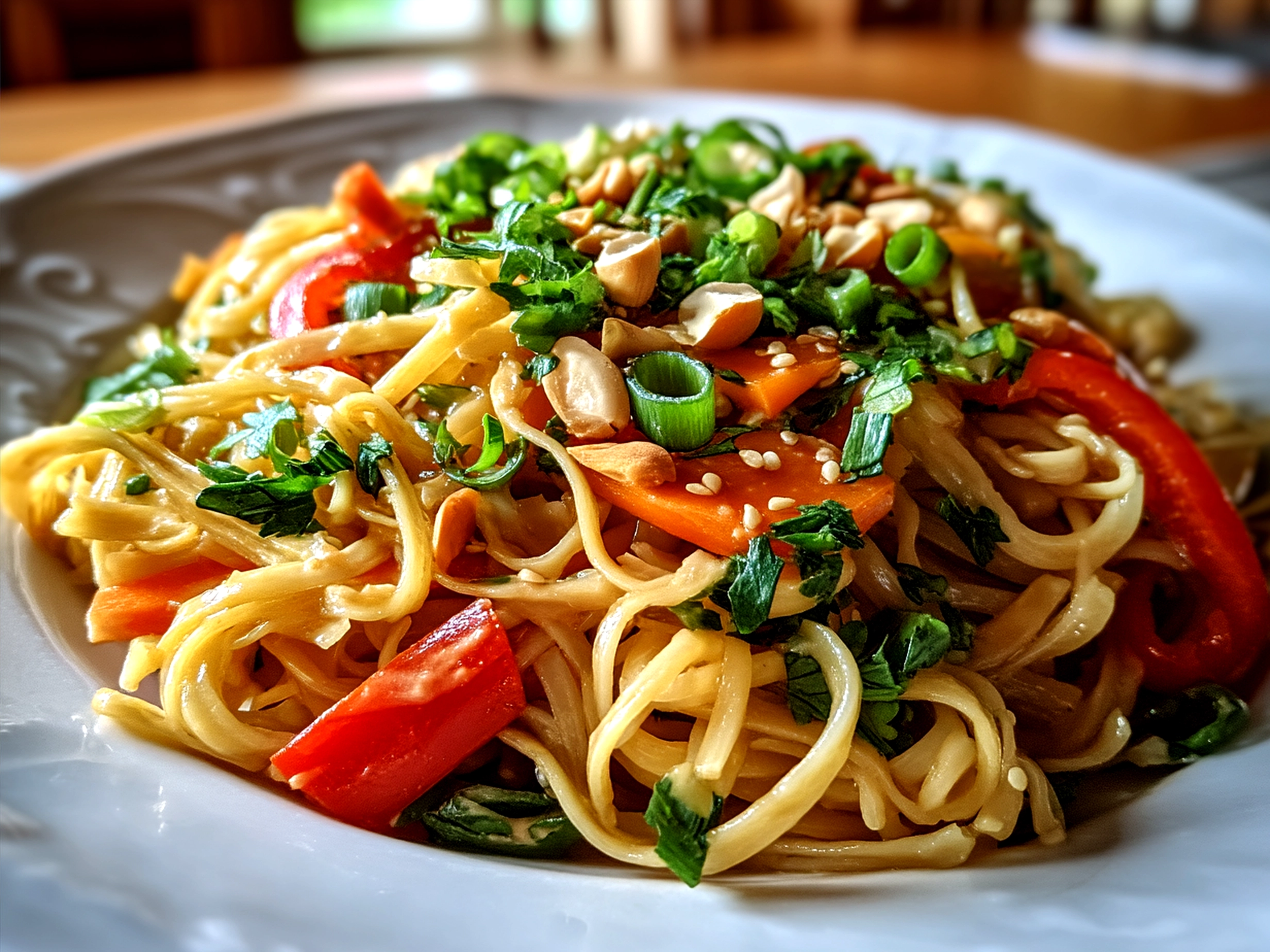 A bowl of Peanut Noodles garnished with chopped green onions and crushed peanuts