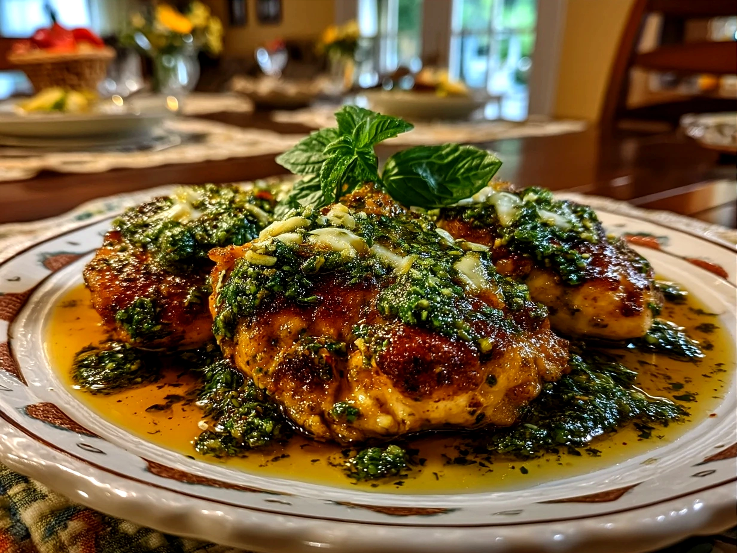 Baked pesto chicken served with fresh basil garnish
