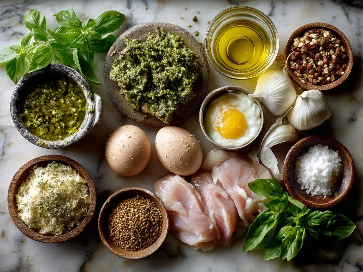 Ingredients for pesto chicken including chicken breasts, basil pesto, Parmesan cheese, and garlic